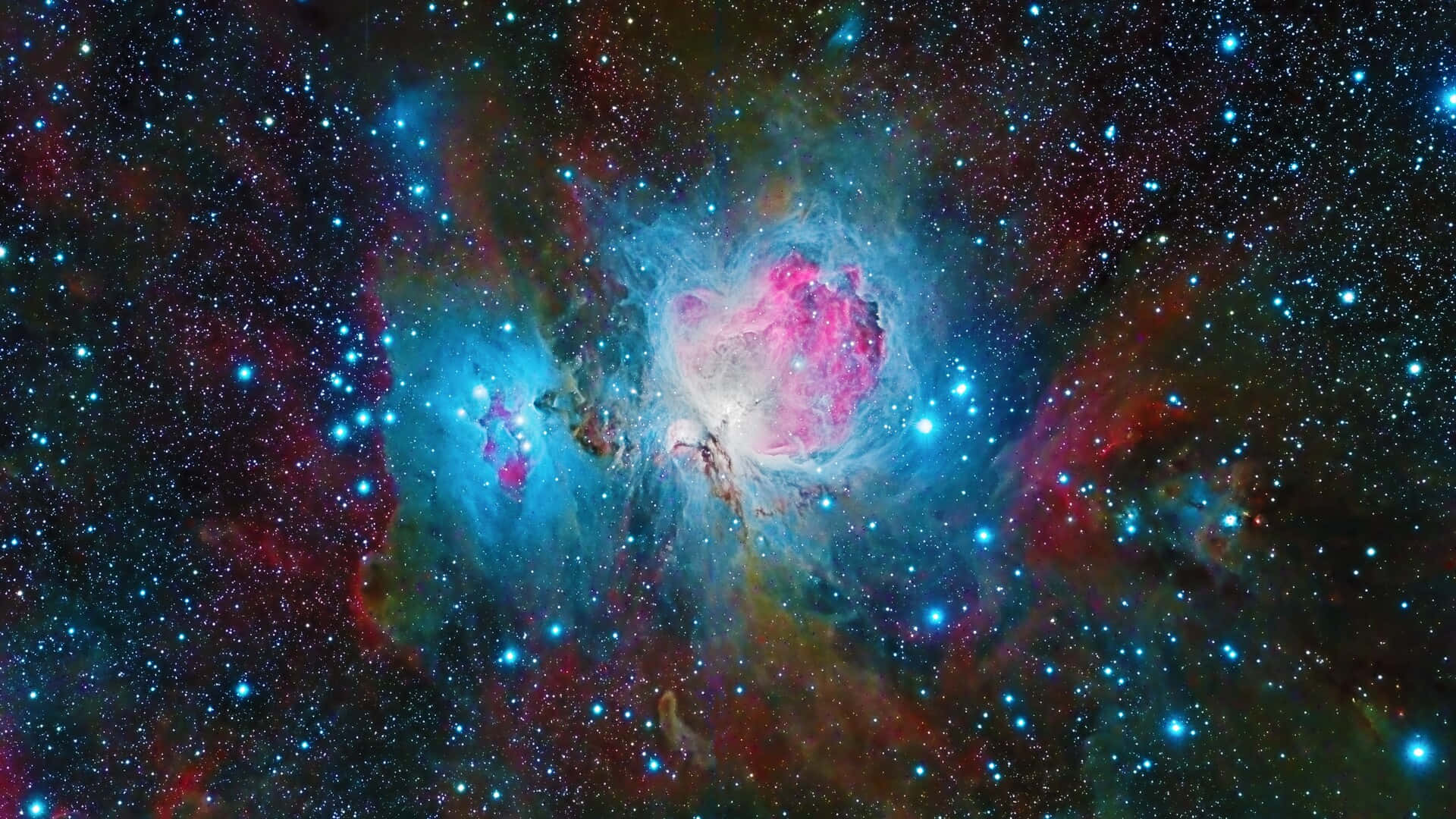 在深空中被星星包圍的充滿活力的粉紅色和藍色星雲。