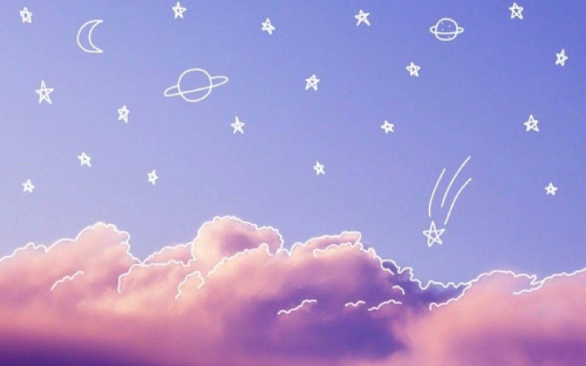 星雲繪畫桌面 壁紙 — 粉彩天空，有毛茸茸的粉紅雲朵和白色線條繪製的星星、月亮和行星漂浮在上方。