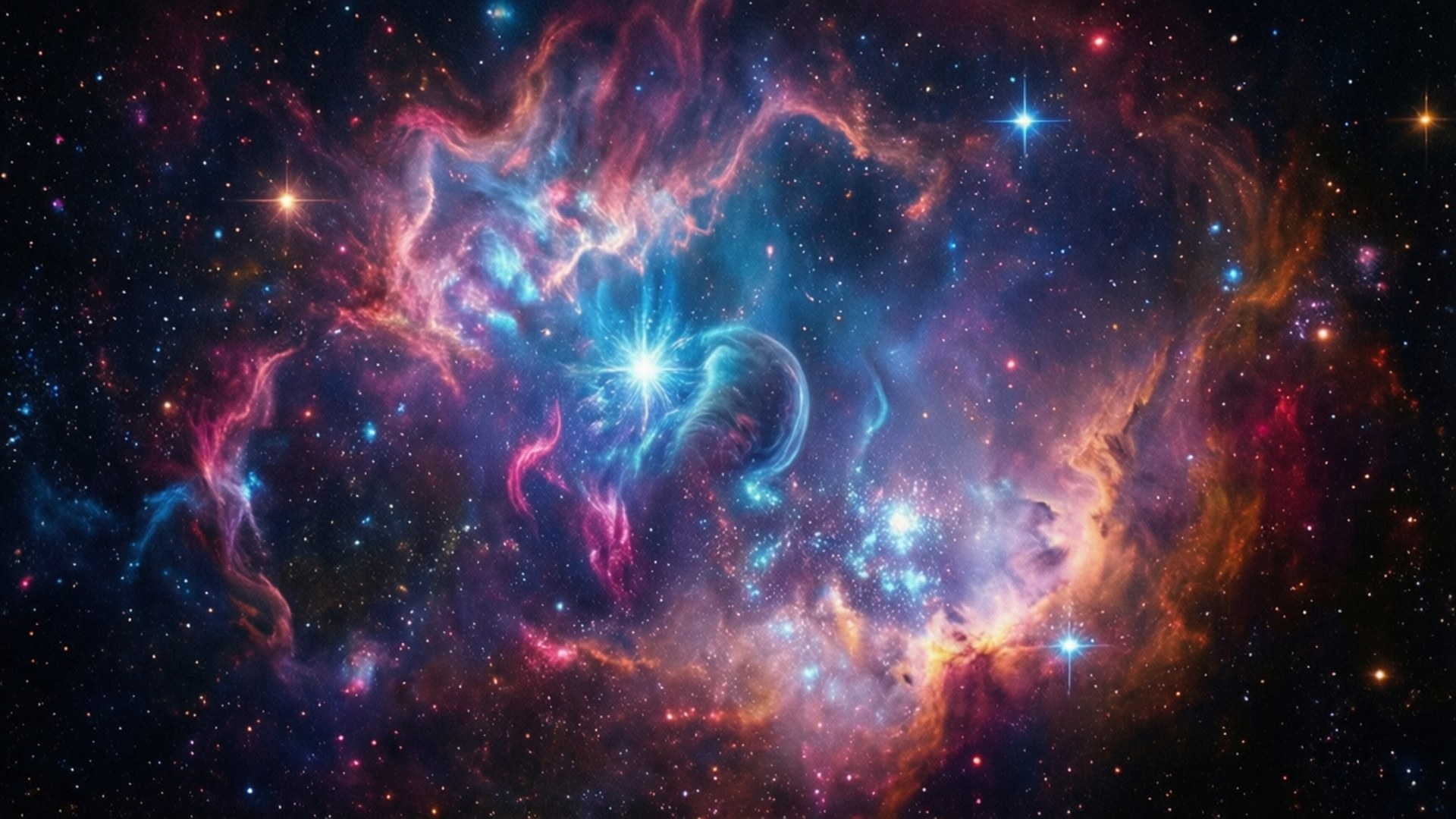 充滿活力的宇宙星雲，在深空中有旋轉的雲朵和明亮的星星。