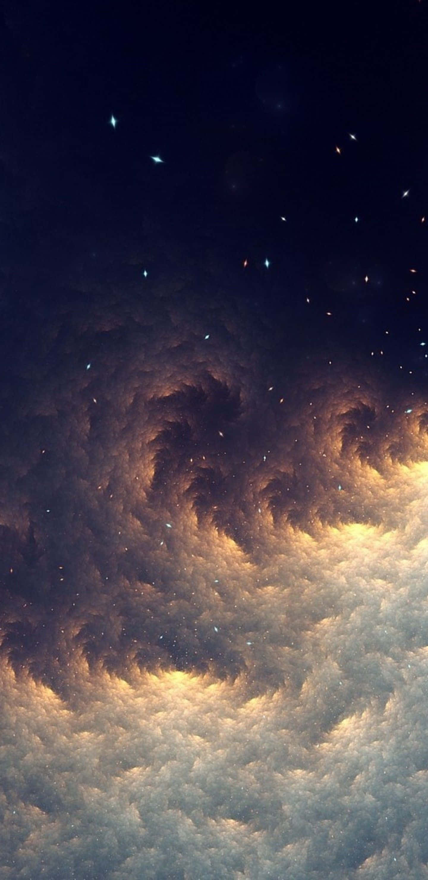 星雲與雲朵交織的夜空 壁紙 — 一個宇宙星雲在熾熱的橙色和冷藍色中旋轉，背景是繁星點點的夜空，帶有發光的天體粒子。