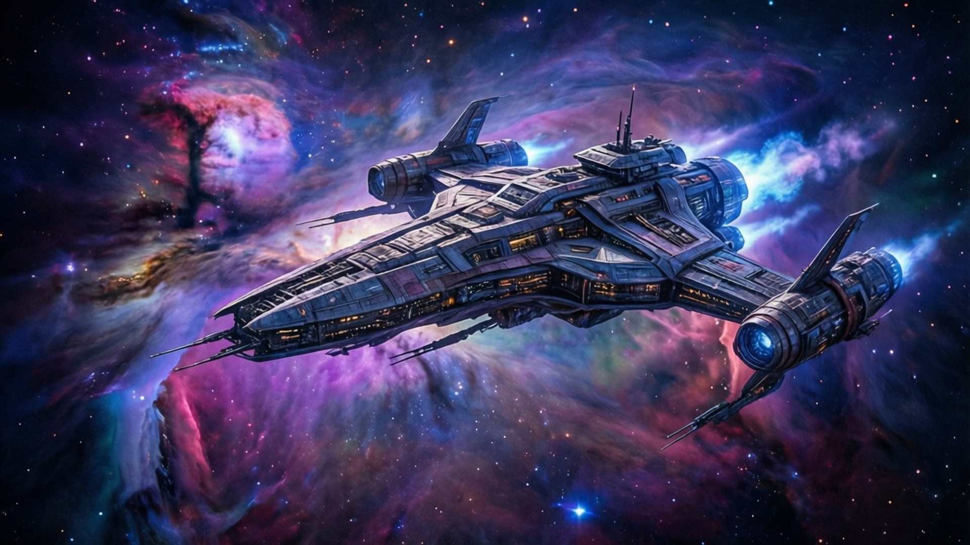 星雲航程 壁紙 — 一艘細節豐富的未來太空船滑翔過充滿紫色、粉紅色和藍色宇宙雲層和星星的鮮豔星雲。