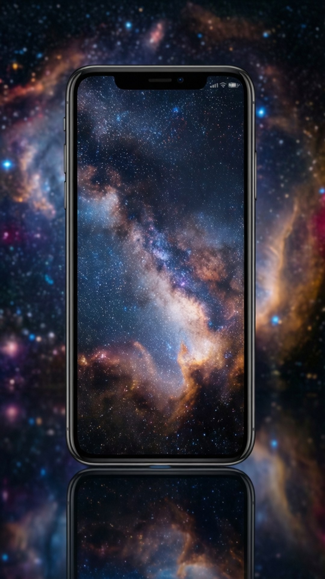 黑色智能手機顯示宇宙星雲，下方有星空和倒影