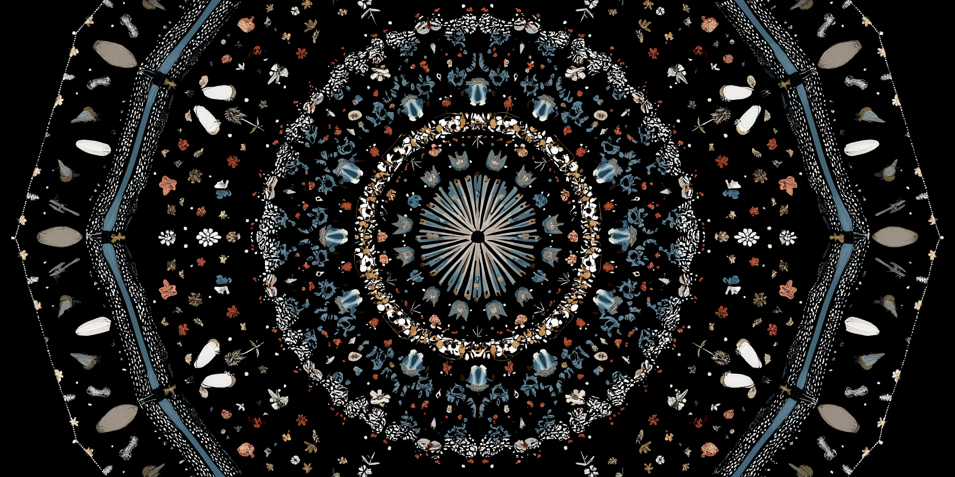 星雲銀河萬花筒 壁紙 — 一個對稱的曼陀羅圖案從中央的太陽爆發圖案向外輻射，黑色背景上點綴著細小的花卉和幾何元素。
