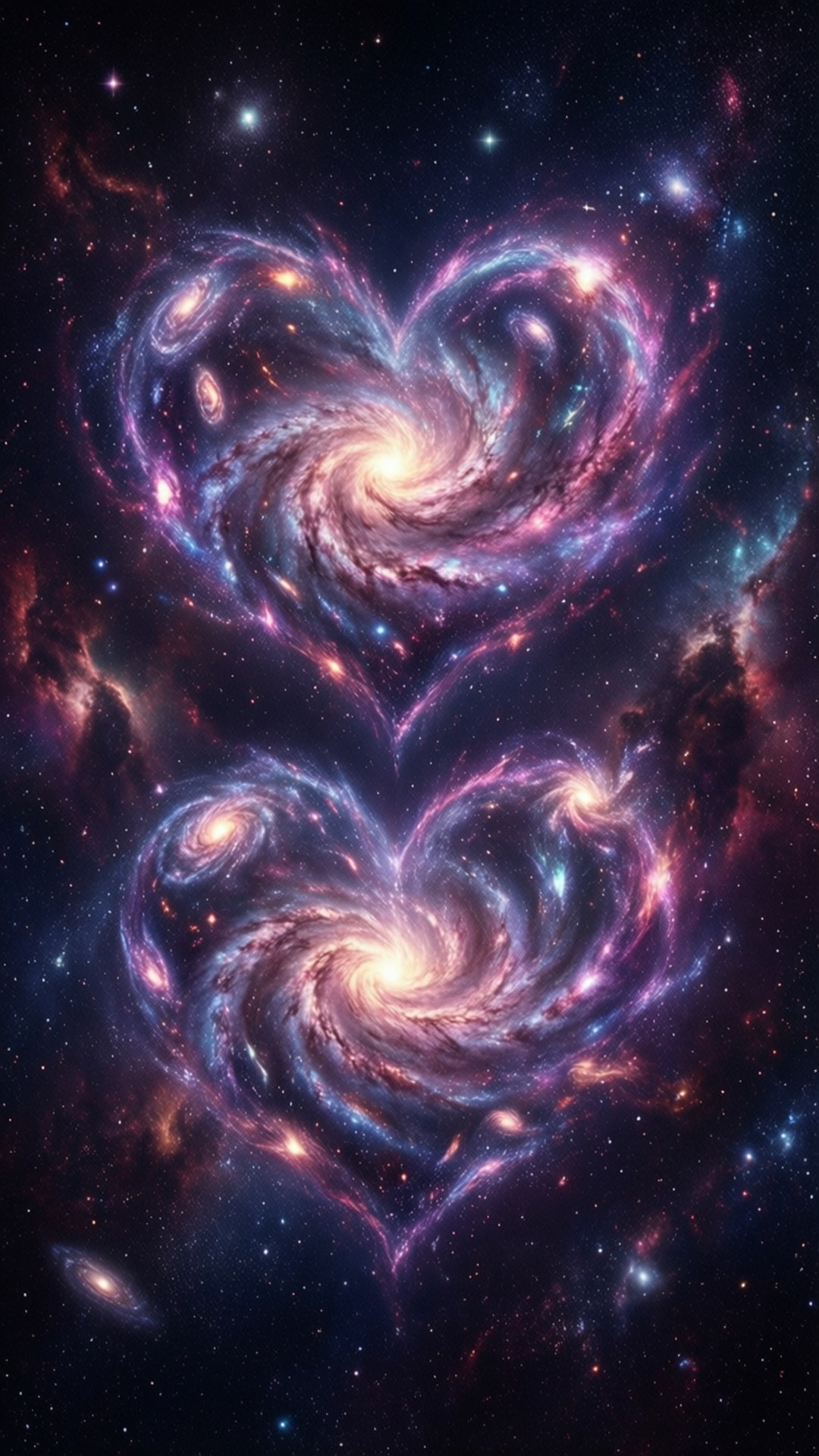 星雲雙心 壁紙 — 兩個發光的螺旋星系，形狀像心臟，漂浮在繁星點點的宇宙虛空中，伴隨著鮮豔的星雲。