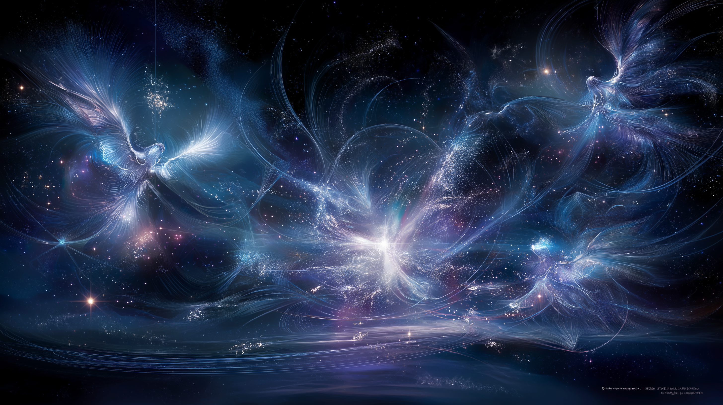 星雲靈魂導師 壁紙 — 兩個空靈的帶翼身影在旋轉的藍色和紫色宇宙星雲中翱翔，伴隨著燦爛的星光。