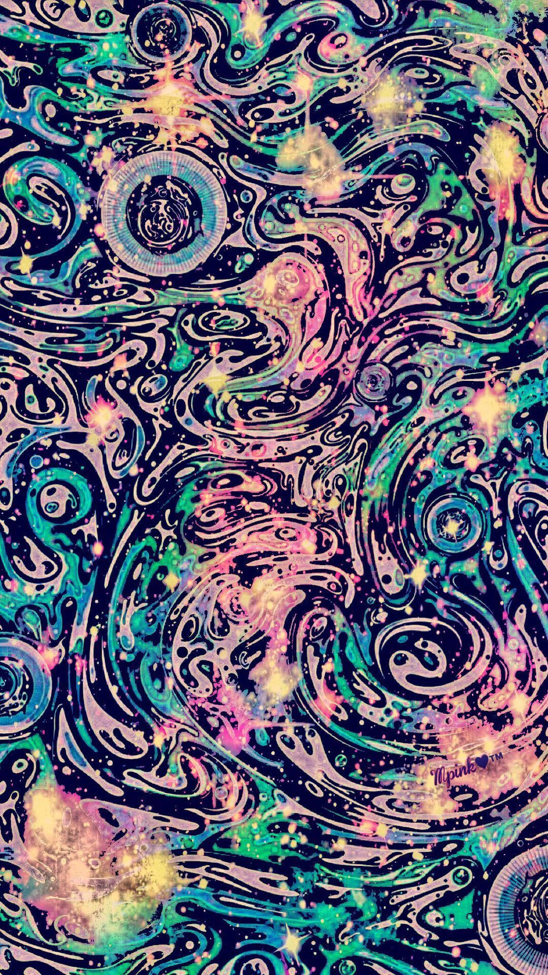 星雲風大理石紋理 壁紙 — 充滿活力的宇宙漩渦，以青綠色、粉紅色和金色在黑暗背景上發光，帶有複雜的圖案和發光的球體。