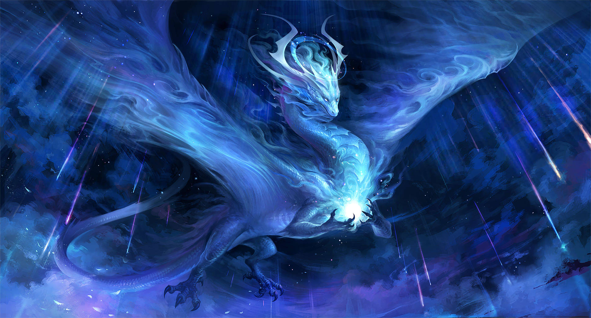 星雲龍擁有雲朵般的翅膀 壁紙 — 一條雄偉的發光藍龍在宇宙風暴中翱翔，從其爪子中迸發出輻射能量。