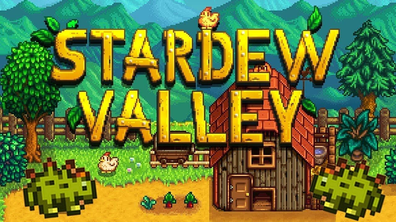 Stardew Valley 遊戲標題，像素農舍同雞