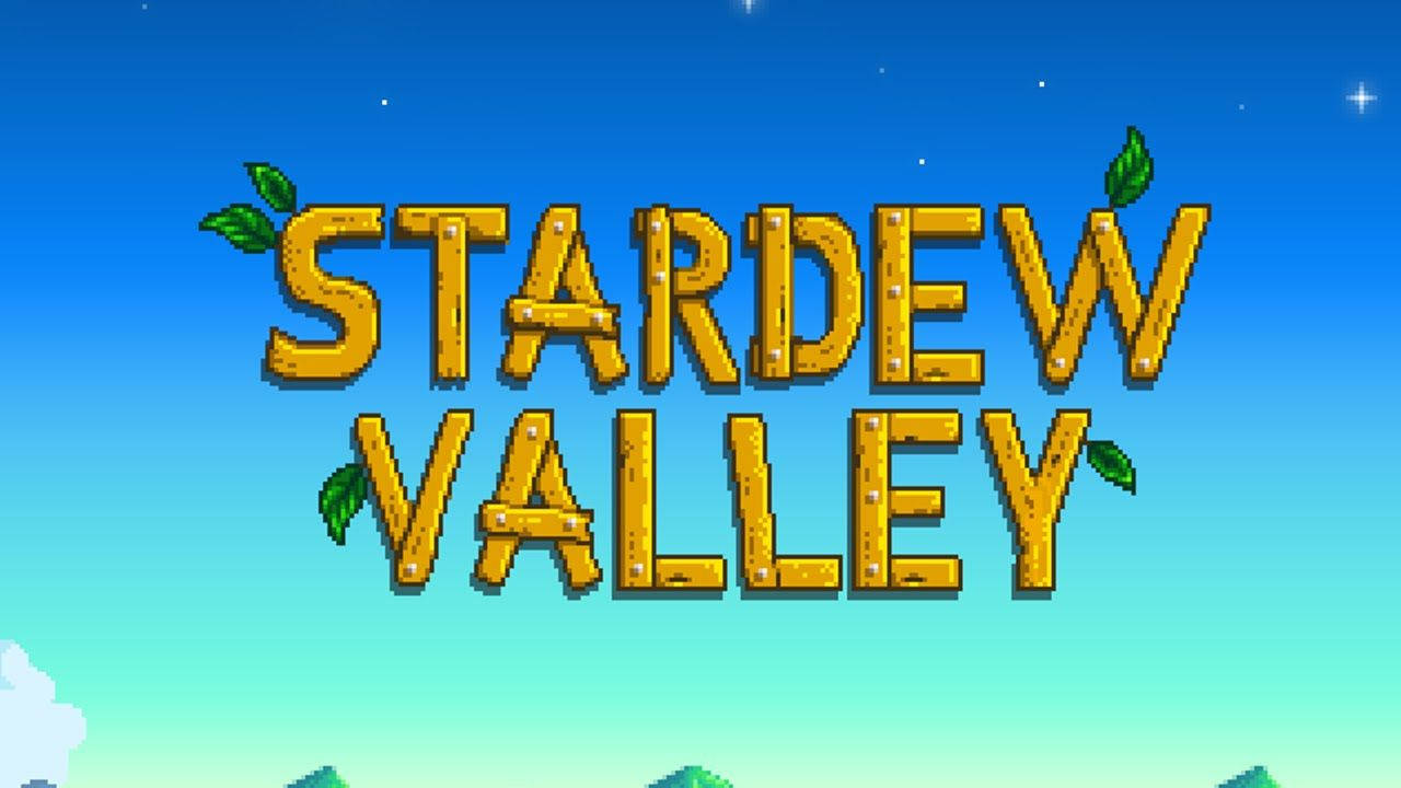 像素字體的 Stardew Valley 遊戲標題，搭配葉子與星空背景。