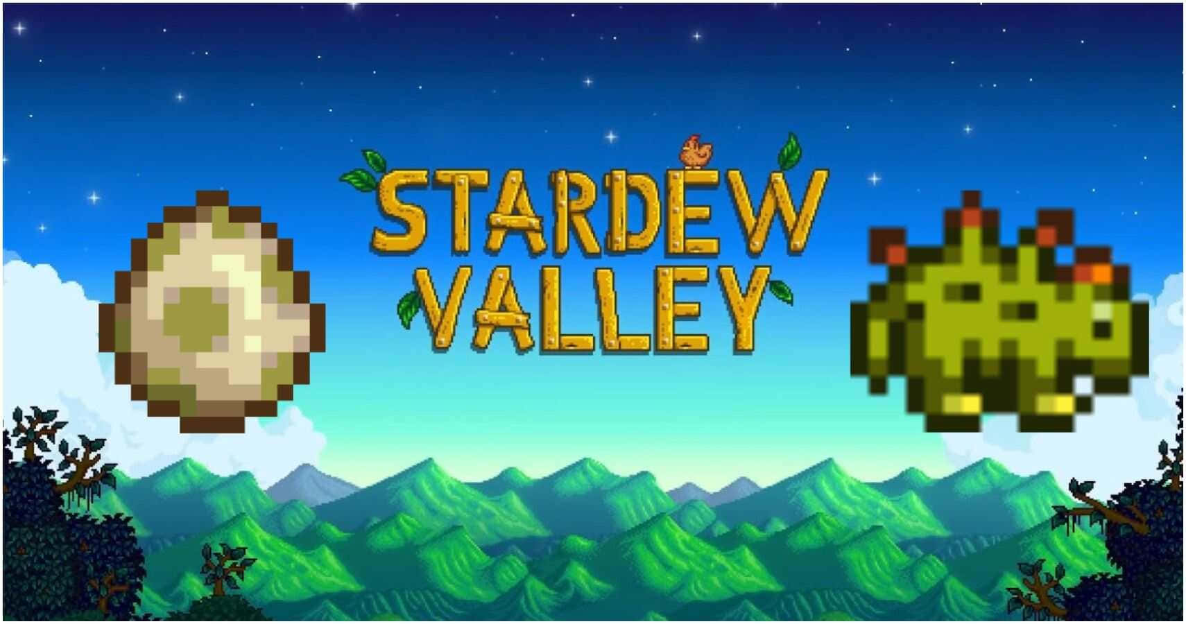 星露谷物語遊戲標題，像素月亮和青蛙在夜晚的綠色山脈之上。