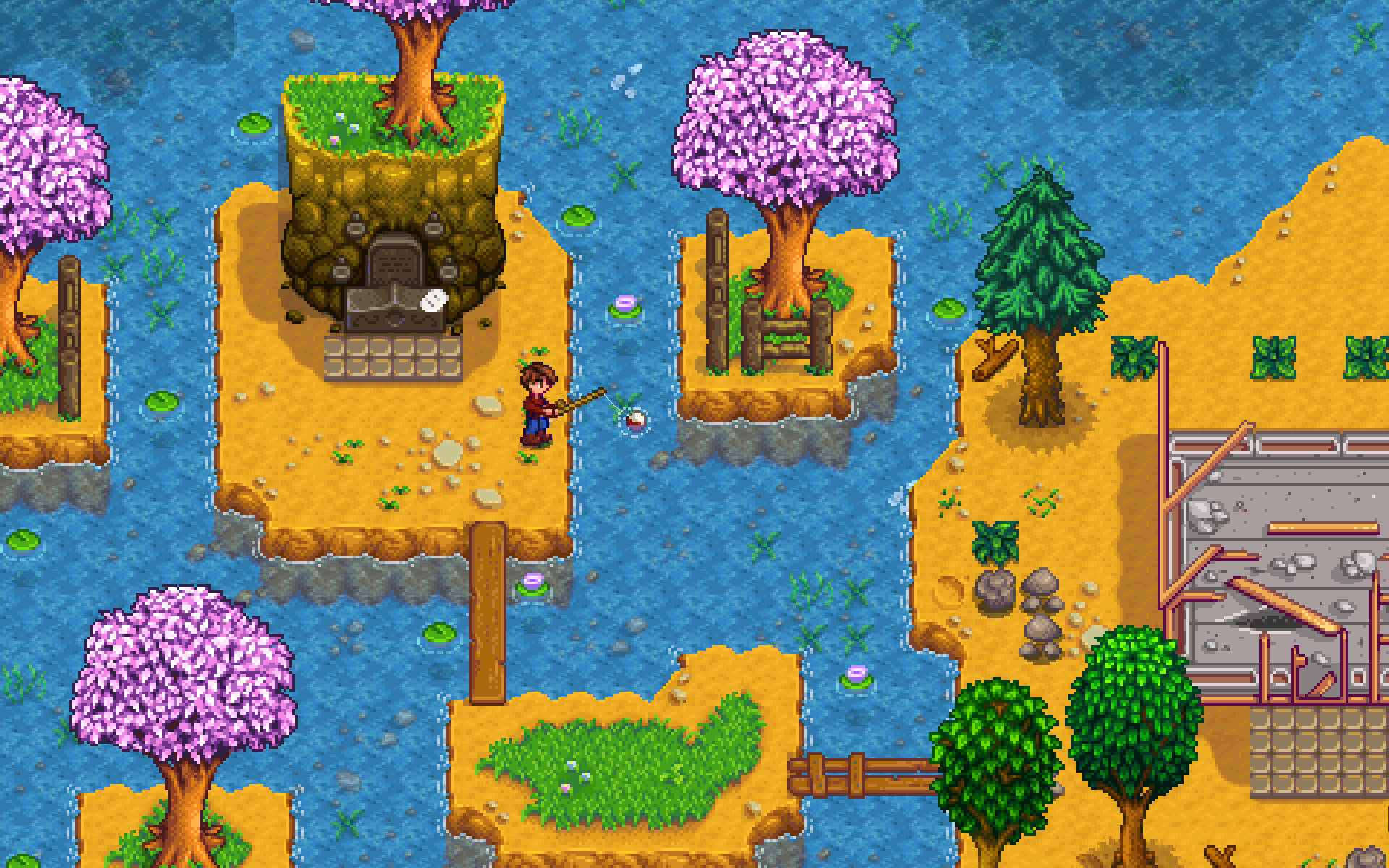 像素藝術遊戲場景，角色在紫色樹木和石屋附近釣魚。