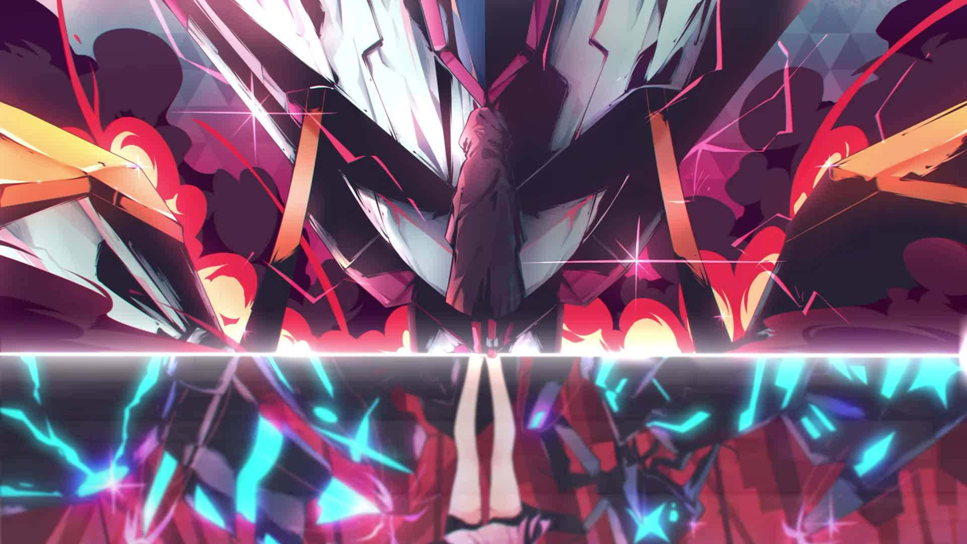 星駕駛隊伍：Hiro、Zero Two、Ichigo 與 Goro 壁紙 — 一個高聳的動漫機甲，散發著紅色和藍色的發光能量爆發，站在一個破碎的霓虹燈戰場上。