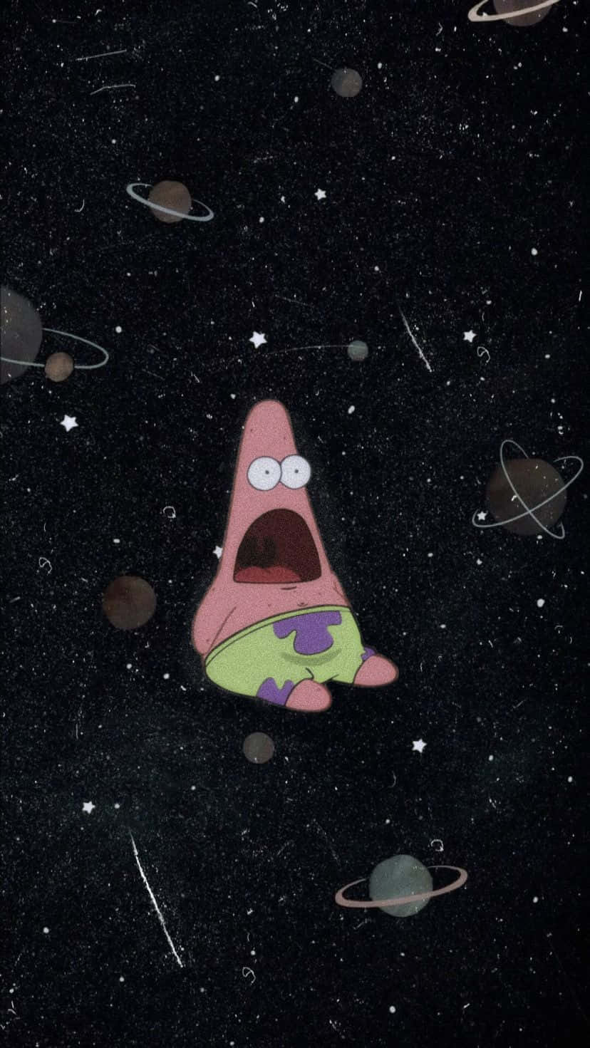 Patrick Star 喺行星同星星之間漂浮喺太空，睇起嚟好震驚。