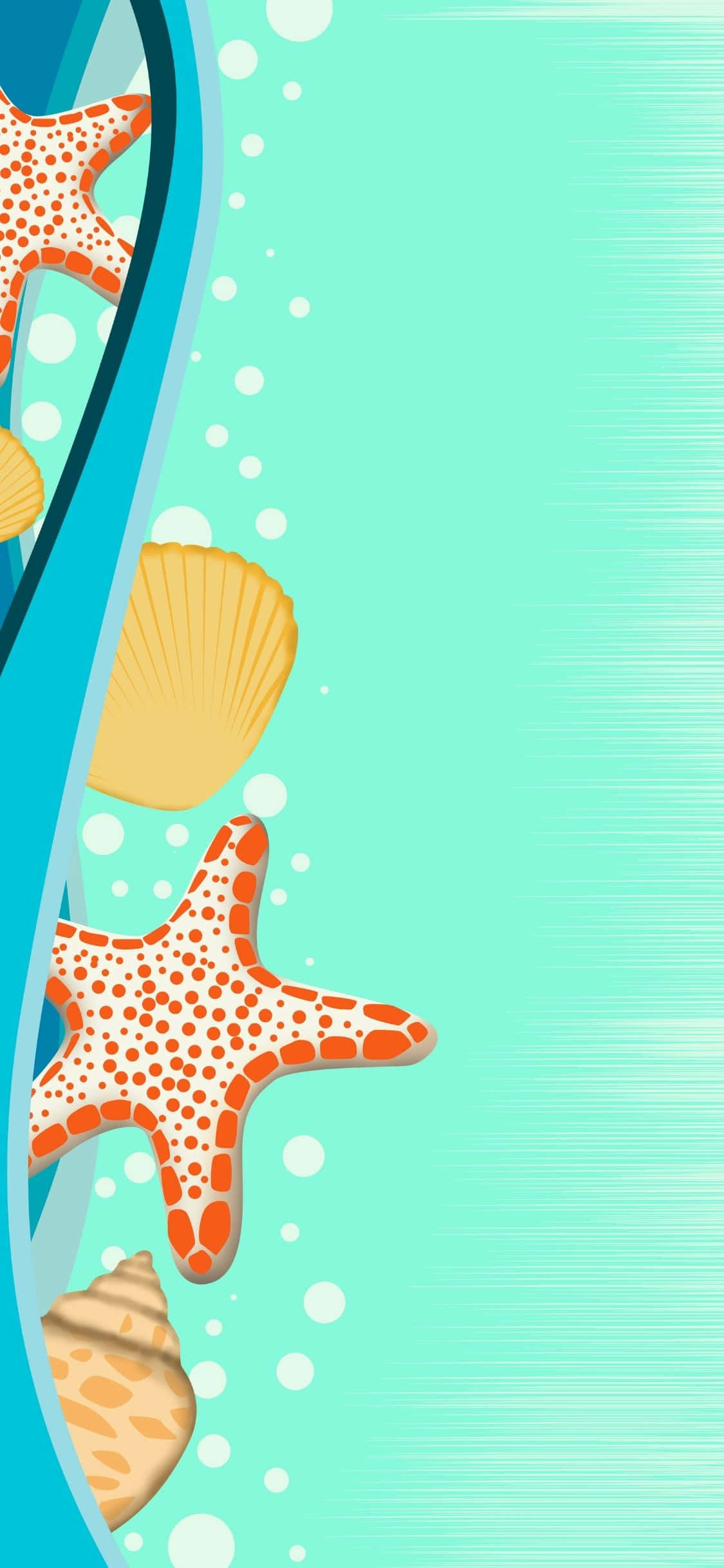 星魚與貝殼向量插畫 iPhone X 夏日背景 壁紙 — 一個充滿活力的藍綠色水下場景，橙色海星和貝殼在冒泡的水中漂浮，沿著彎曲的藍色邊框。