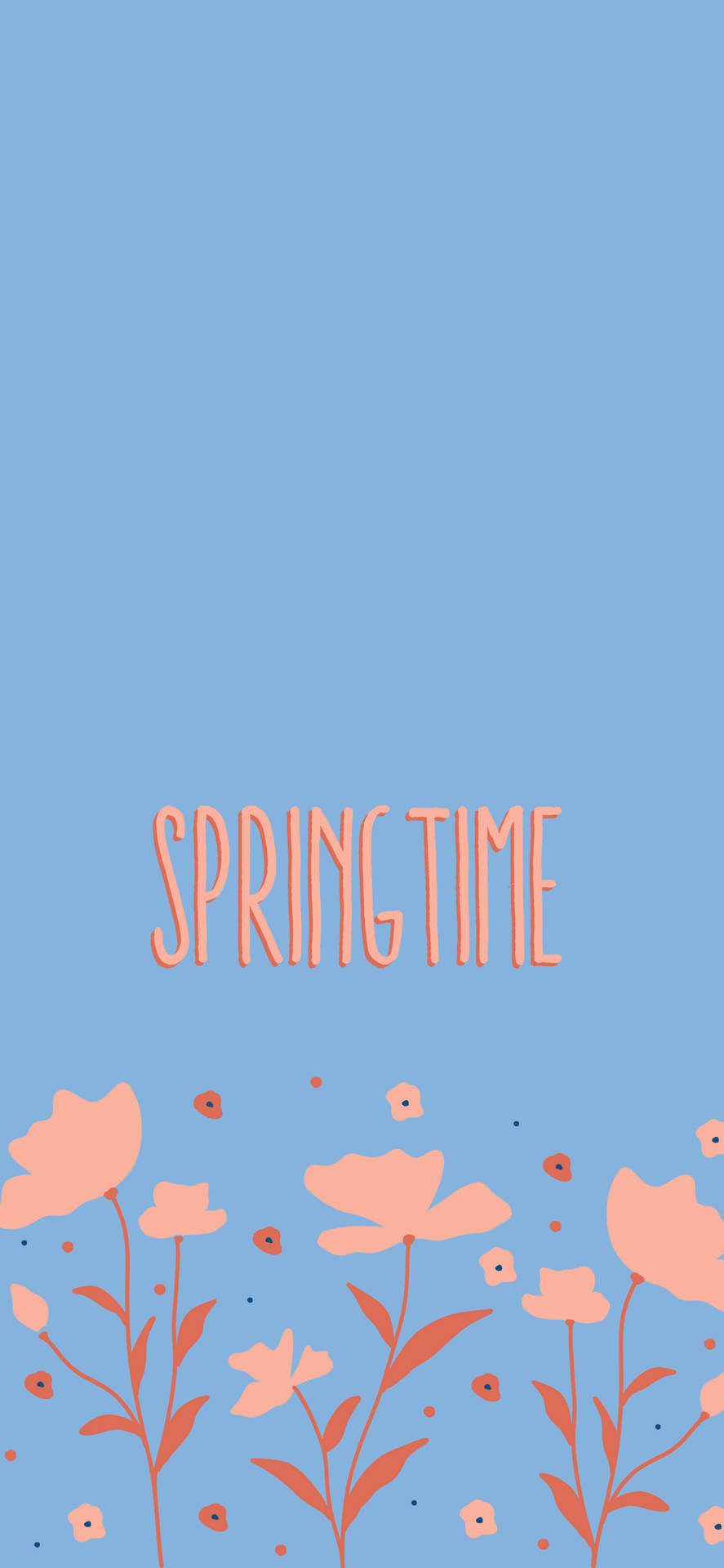 藍色背景上帶有粉紅色花朵的Springtime文字。