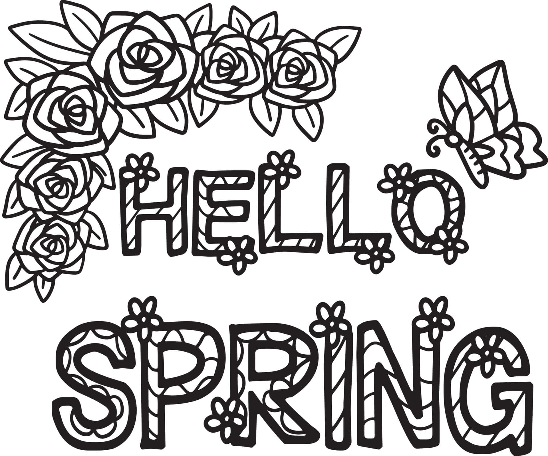 Hello spring 問候語，搭配玫瑰和蝴蝶的黑白線條藝術。