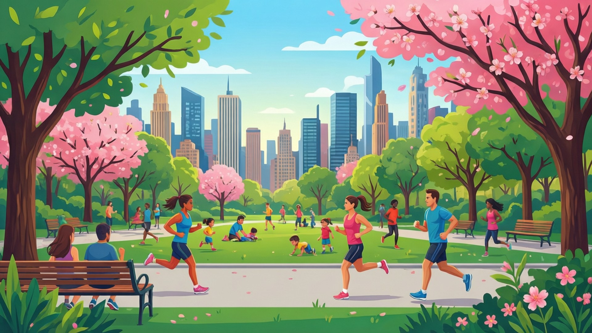 人們在春天的公園裡慢跑和玩耍，櫻花盛開，城市天際線為背景。