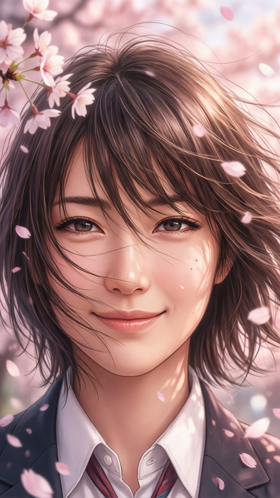 櫻花下微笑的校服動漫女孩