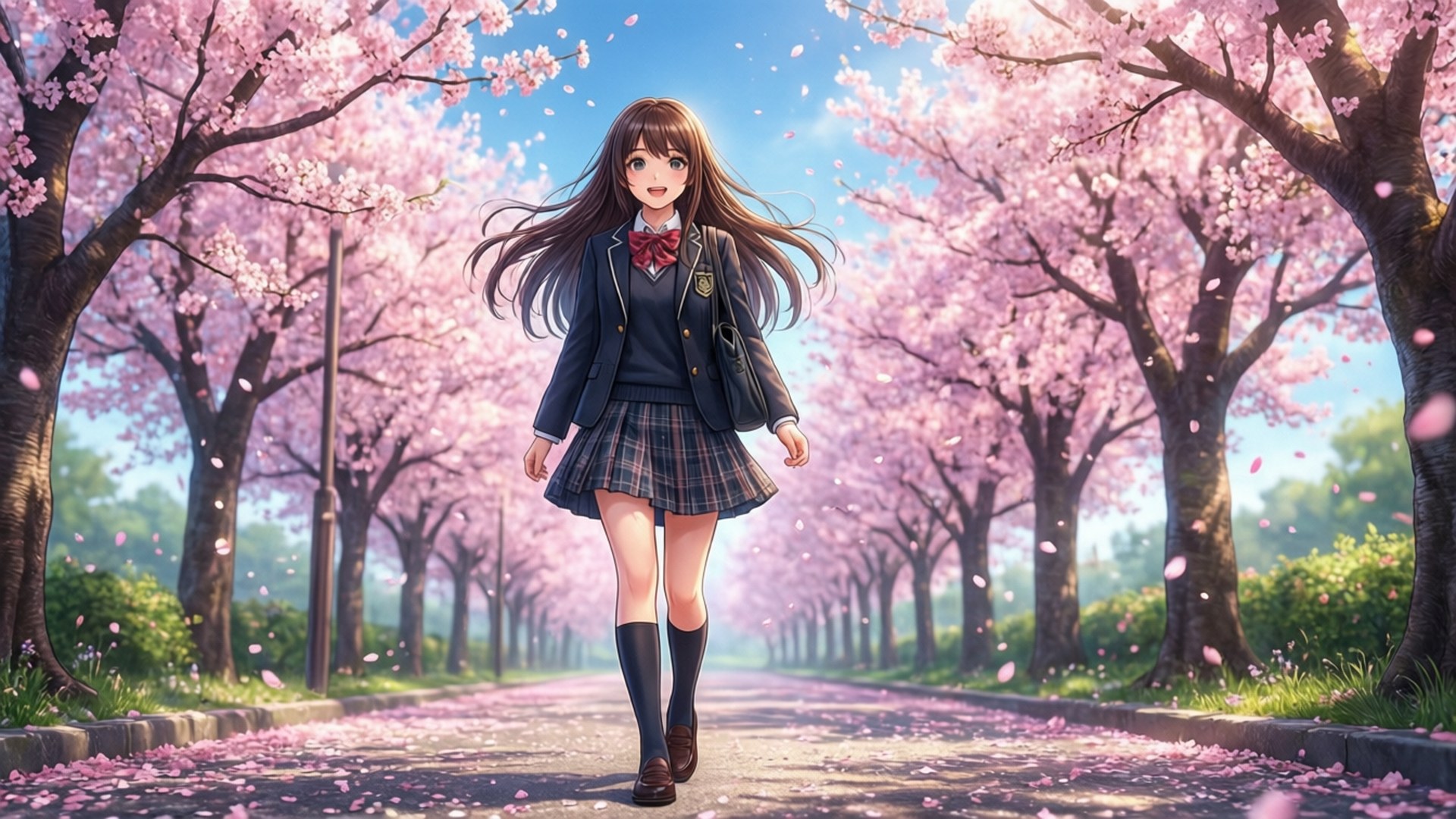 春日校園小徑 壁紙 — 一個微笑的動漫女孩穿著校服，在晴朗的藍天下，沿著一條開滿櫻花樹的小路行走。