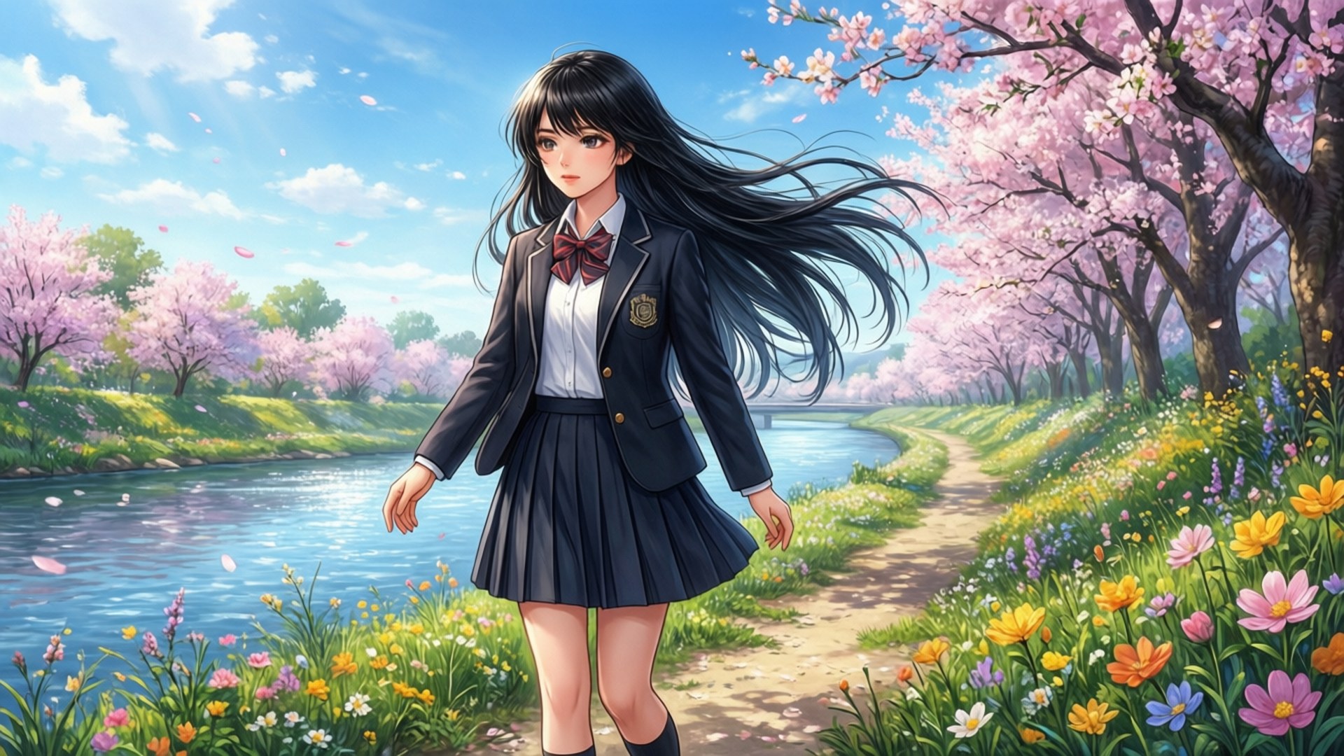 春日河畔漫步 壁紙 — 一位穿著校服的年輕動漫女孩沿著河邊盛開的櫻花樹下開滿鮮花的小徑行走。