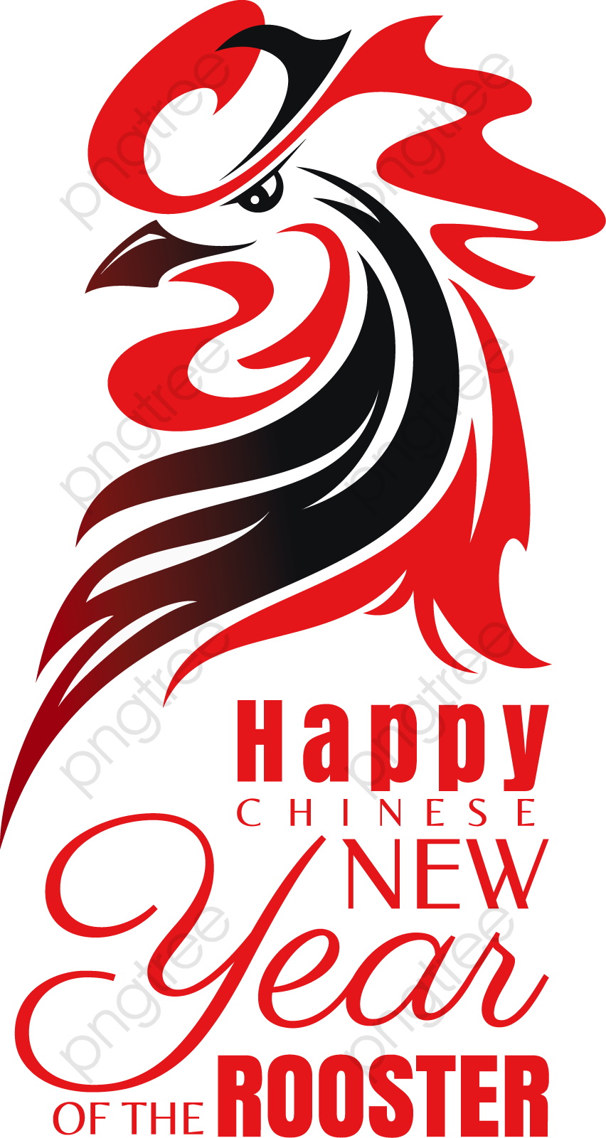 春節公雞問候 壁紙 — 一個大膽的紅黑風格化公雞圖形，帶有「Happy Chinese New Year of the Rooster」文字，背景為黑色。
