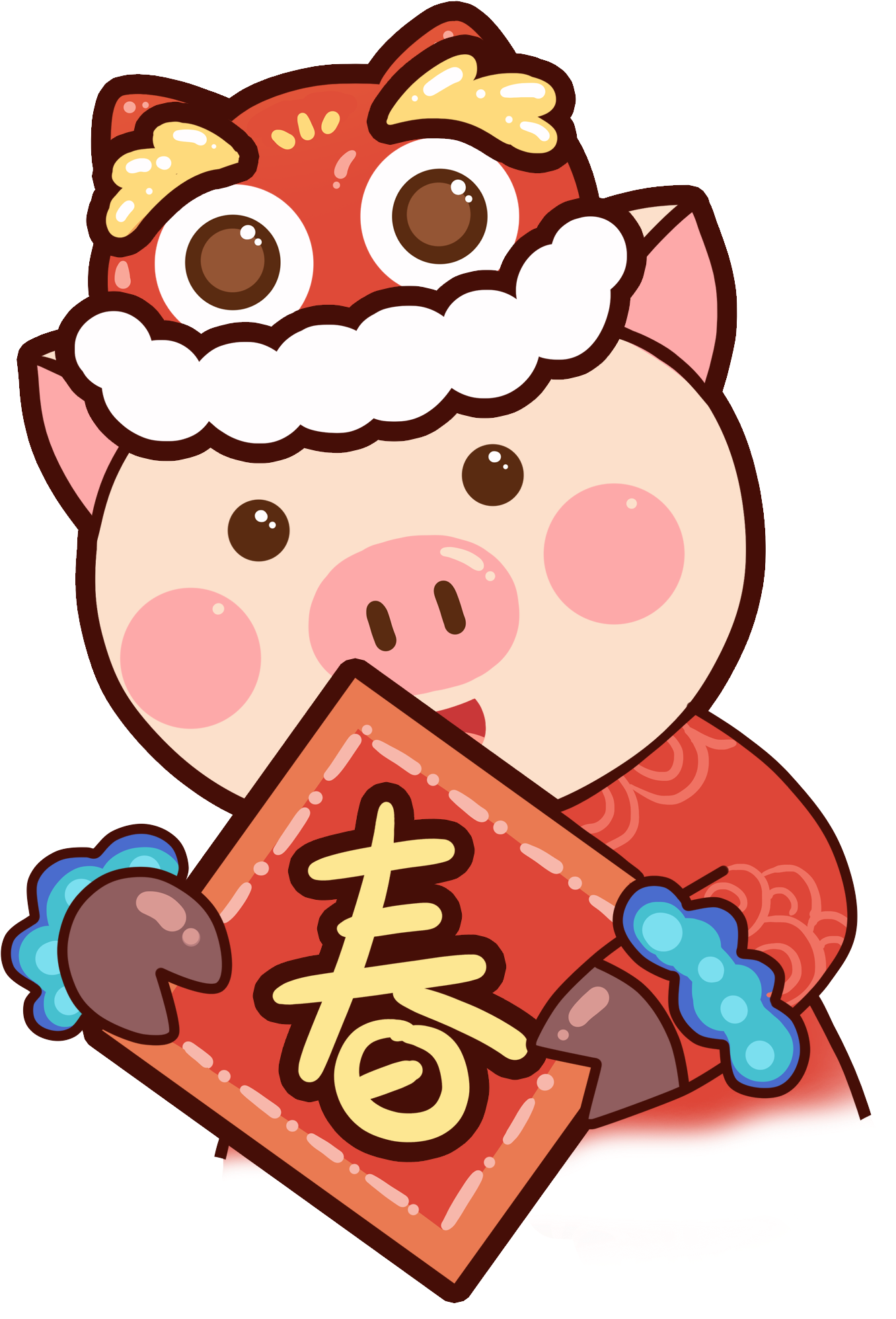春節卡通豬慶典 壁紙 — 一隻可愛的卡通豬穿著紅色舞獅服裝，手持寫有「春」字的紅色橫幅。