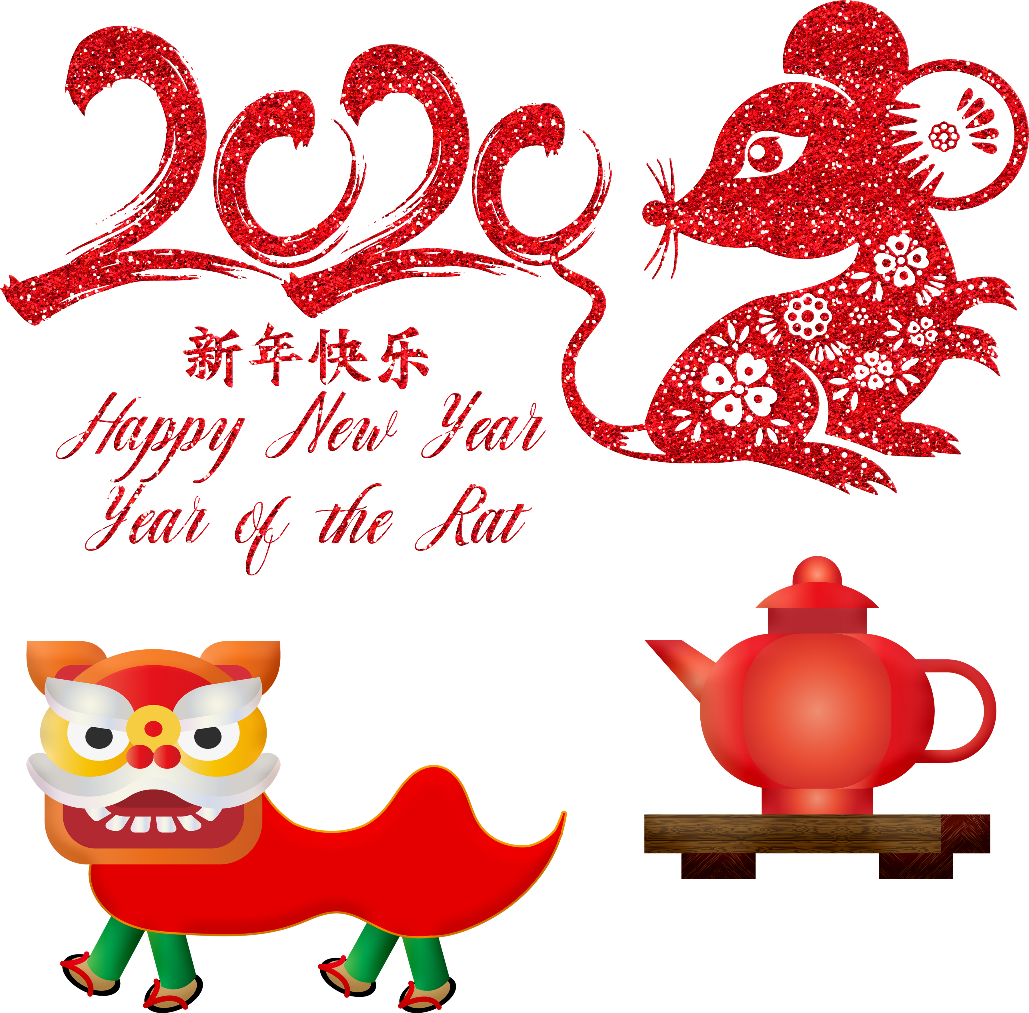 春節慶祝元素 壁紙 — 紅色閃粉老鼠和舞獅插圖，慶祝2020年農曆新年，配以木架上的紅色茶壺。