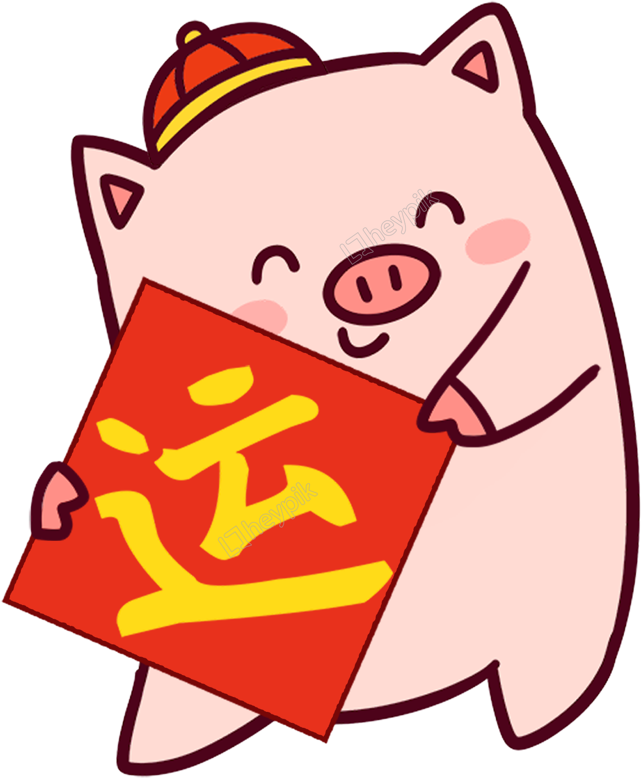 春節慶祝豬與福字 壁紙 — 一隻可愛的粉紅色卡通豬戴著紅帽子，拿著一個帶有黃色幸運漢字的紅包。