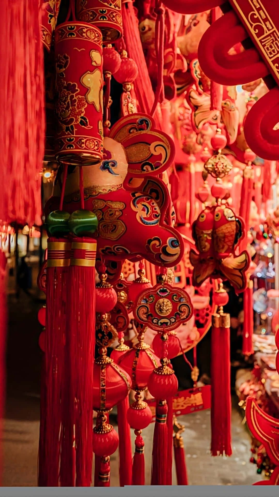 春節裝飾 壁紙 — 鮮豔的紅色中國新年裝飾品，帶有精緻的金色圖案、燈籠、流蘇和節日飾物，密集地掛在溫暖照明的市場攤位上。