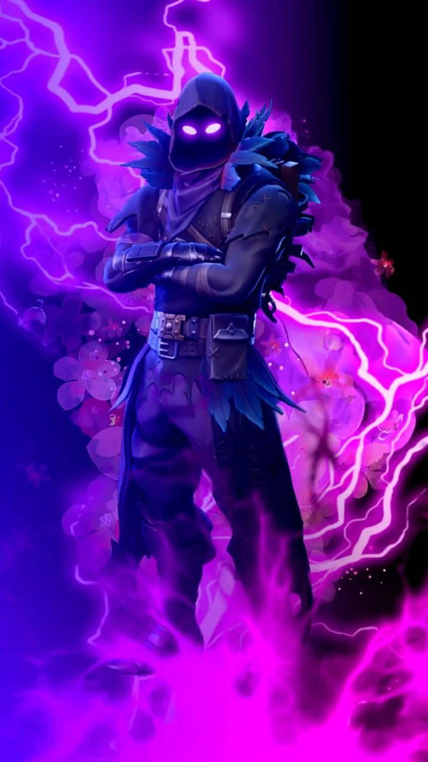 「是時候探索充滿活力、刺激與想像力的Fortnite世界！」 壁紙 — 一位戴著面具的戰士身穿黑色盔甲，站立在噼啪作響的紫色閃電和發光的櫻花之中。