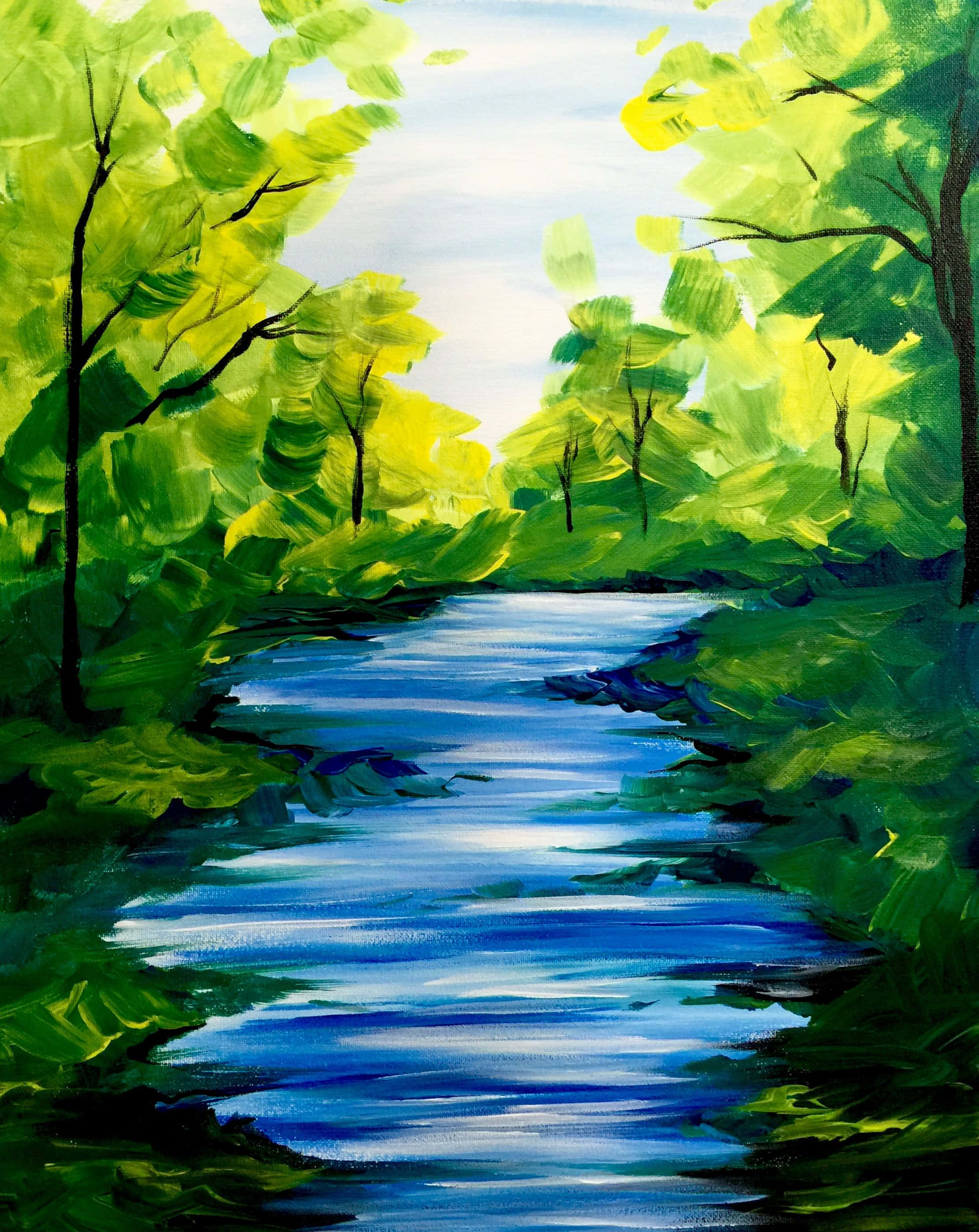 是時候發揮創意了——畫家的樂趣 壁紙 — 一幅充滿活力的油畫，描繪了在明亮天空下，蜿蜒的藍色河流兩旁綠樹成蔭。