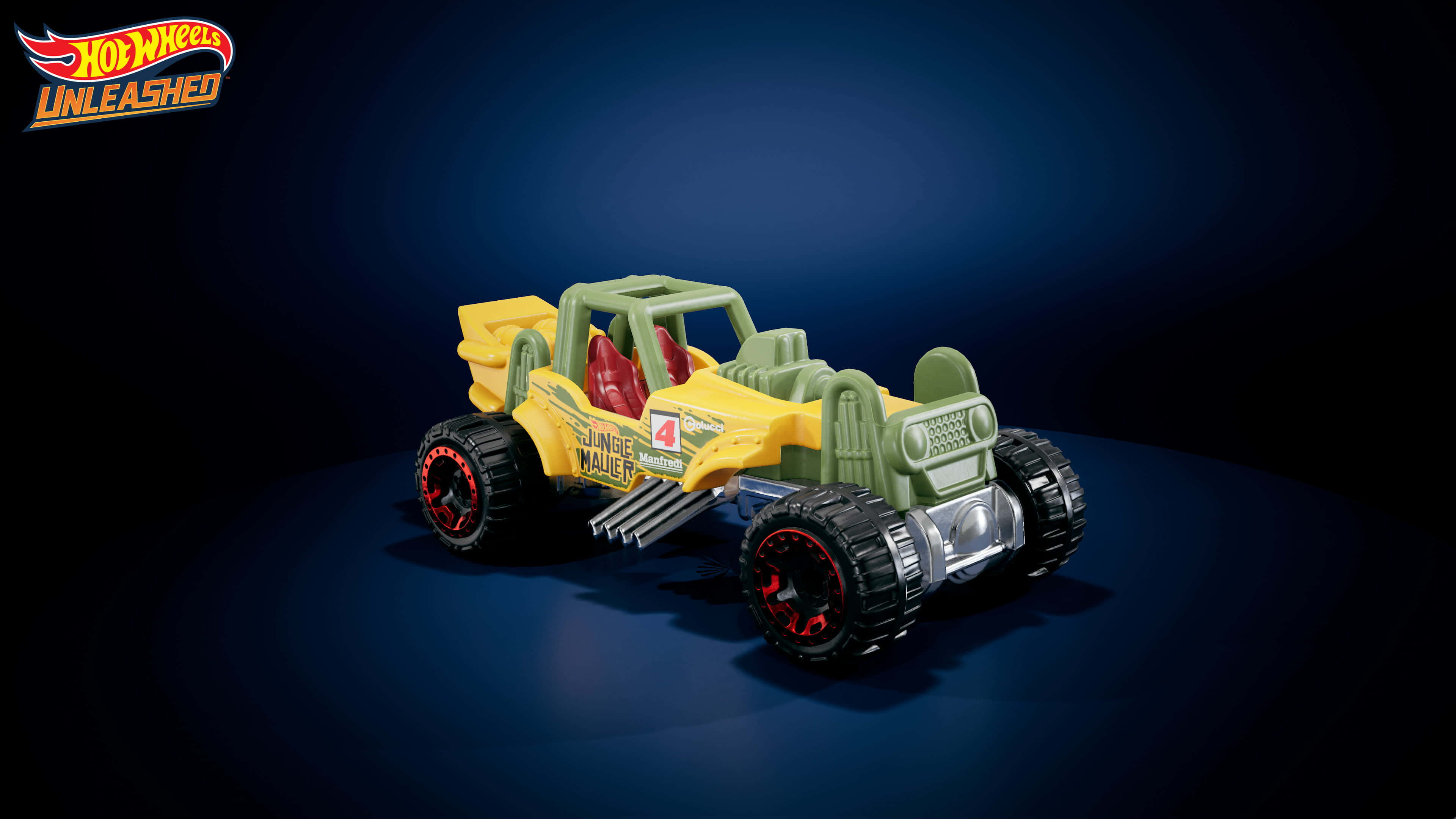 是時候與 Hot Wheels 赛車競速了！ 壁紙 — 一個黃色和綠色的Hot Wheels沙灘車玩具，配紅色座椅和黑色輪胎，放置在深藍色工作室表面，聚光燈下。