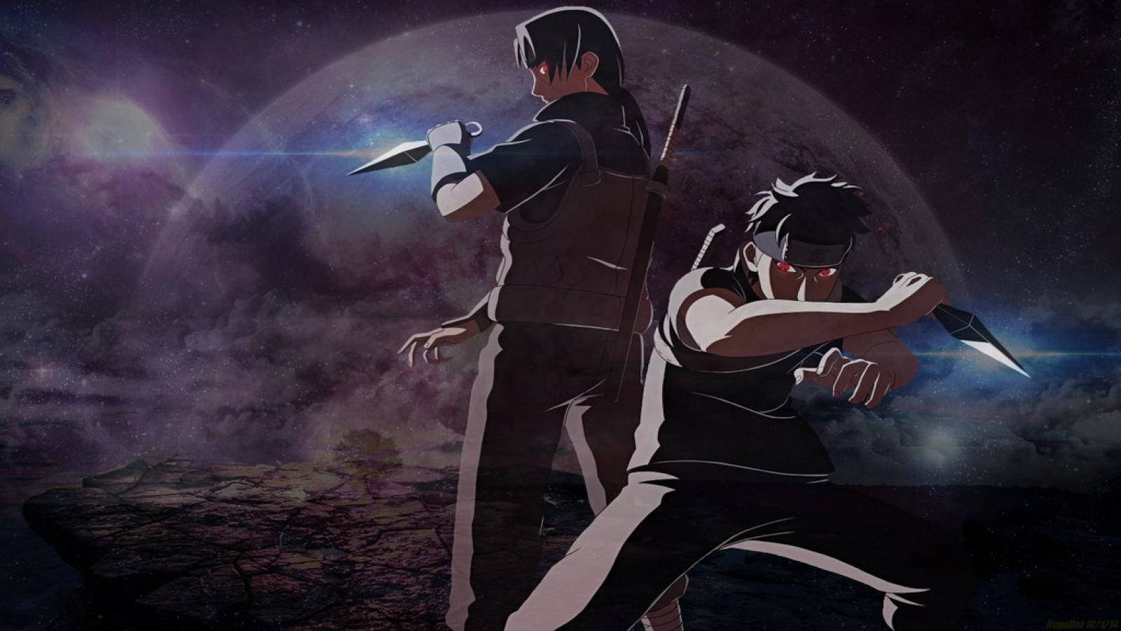 兩名動漫忍者戰士在巨大的月亮和星空下擺出戰鬥姿勢。