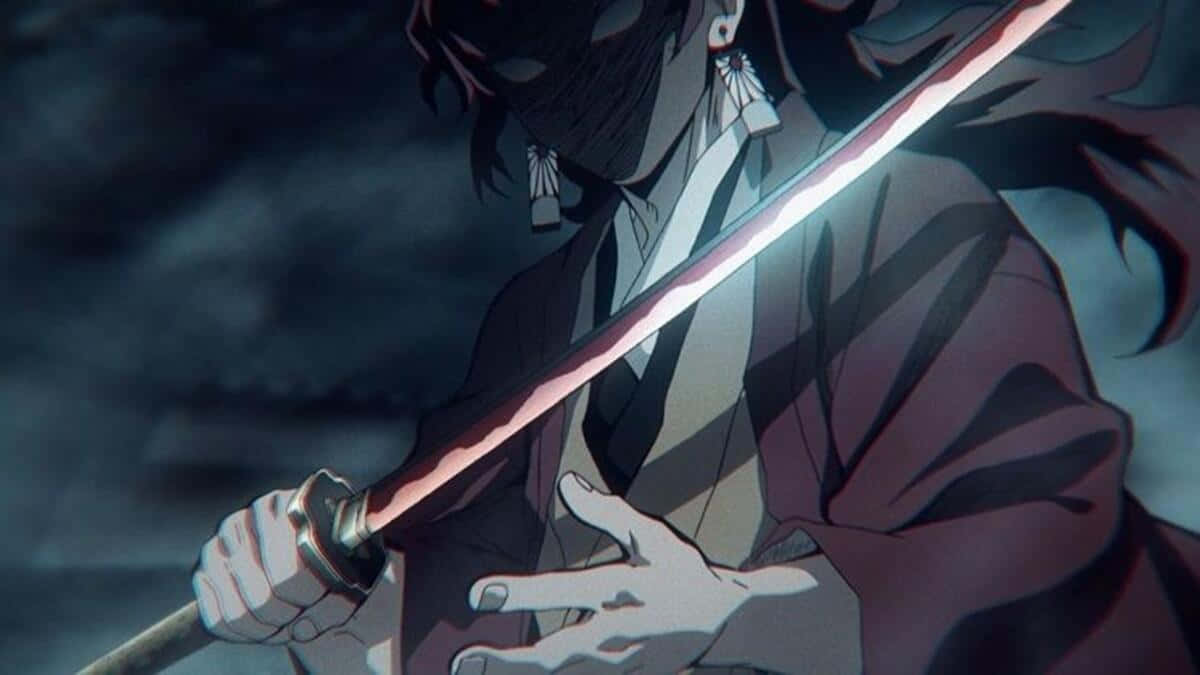時之劍士糸色龍釋放光速攻擊 壁紙 — 一位戴面具的動漫戰士在暴風雨的夜空下，握著發光的劍，帶有戲劇性的燈光效果。