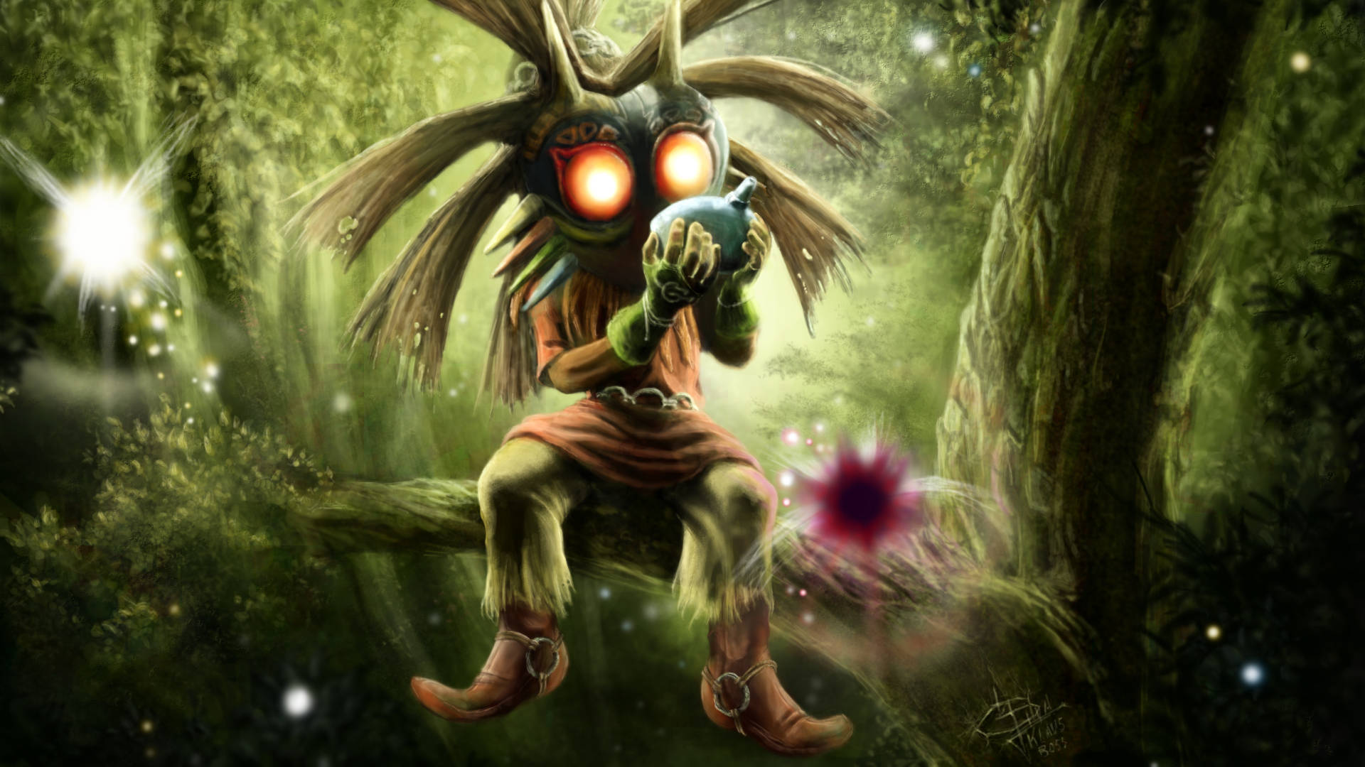 在黑暗森林中，一個發光眼睛的奇幻生物手持發光球體。