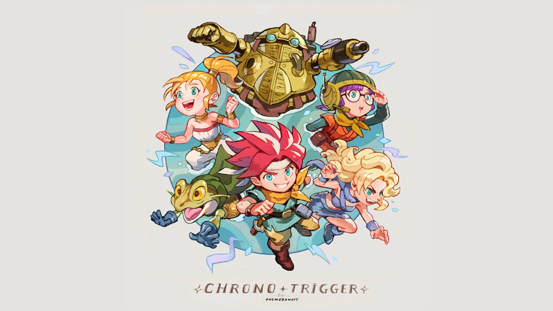 《時之鐘》剪貼藝術 壁紙 — 一幅充滿活力的動畫風格插圖，描繪了《時空之輪》的主要角色在淺色背景上擺出動態動作姿勢。