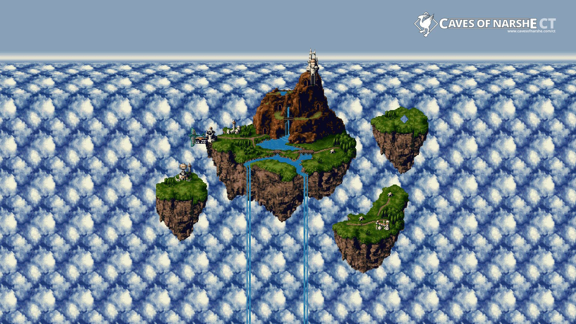 《時之鐘》浮空王國 壁紙 — 浮島上有綠植和瀑布，在像素藝術遊戲場景中漂浮在雲海之上。