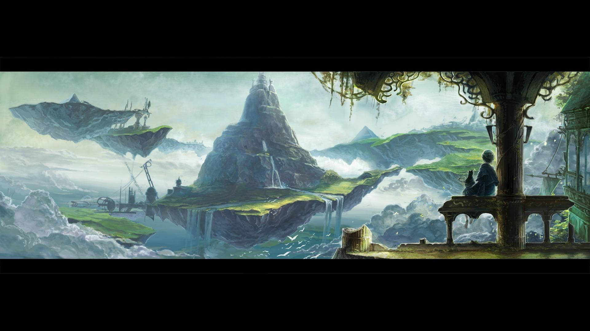 《時之鐘》澤爾王國 壁紙 — 一個孤獨的身影坐在陽台上，俯瞰著霧氣瀰漫的浮島景觀，有鋸齒狀的山峰和層疊的瀑布。