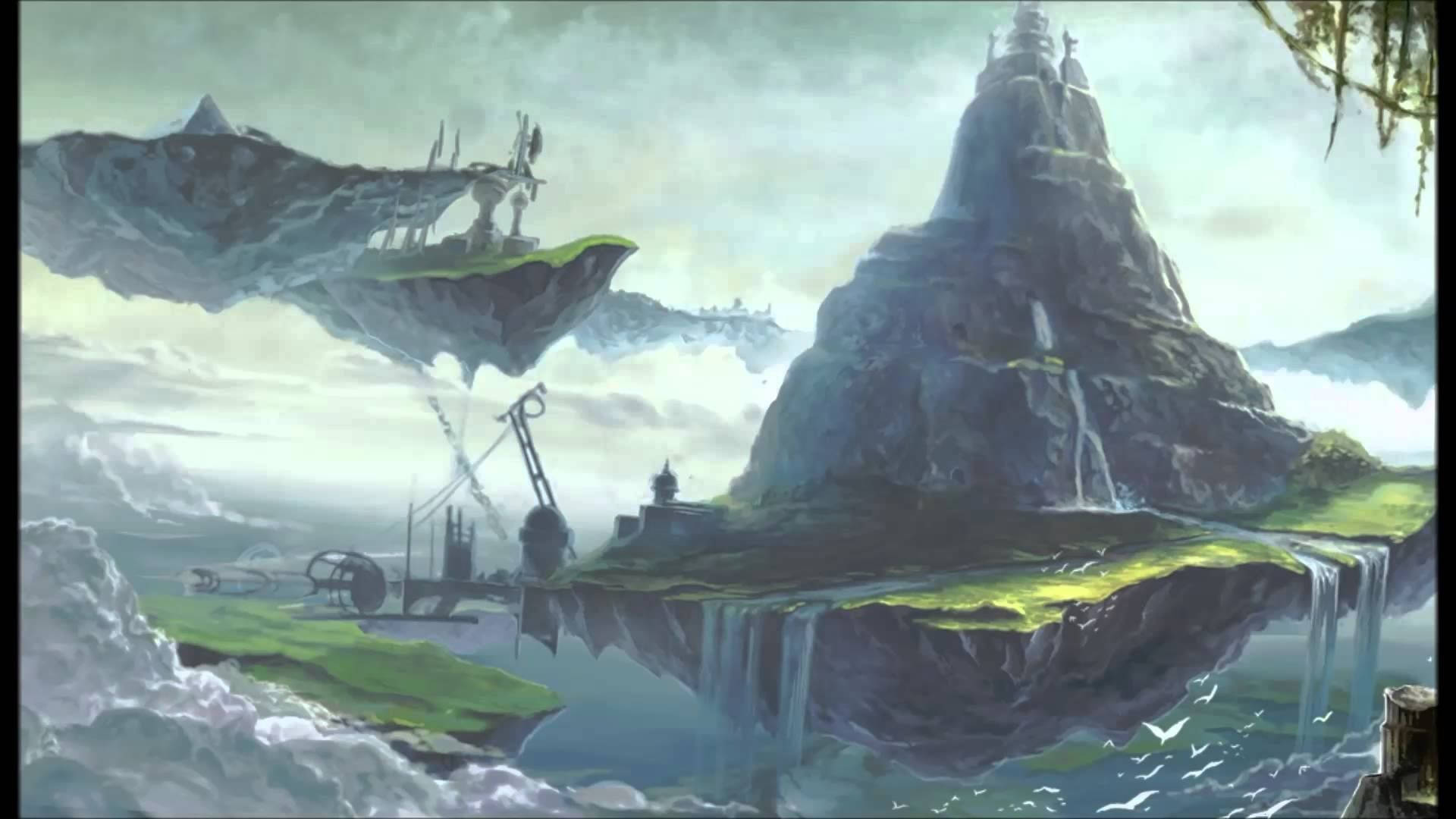 《時之鐘》澤爾王國 壁紙 — 浮島上有古代遺跡和瀑布，在寧靜海面上方的霧氣天空中飄浮。