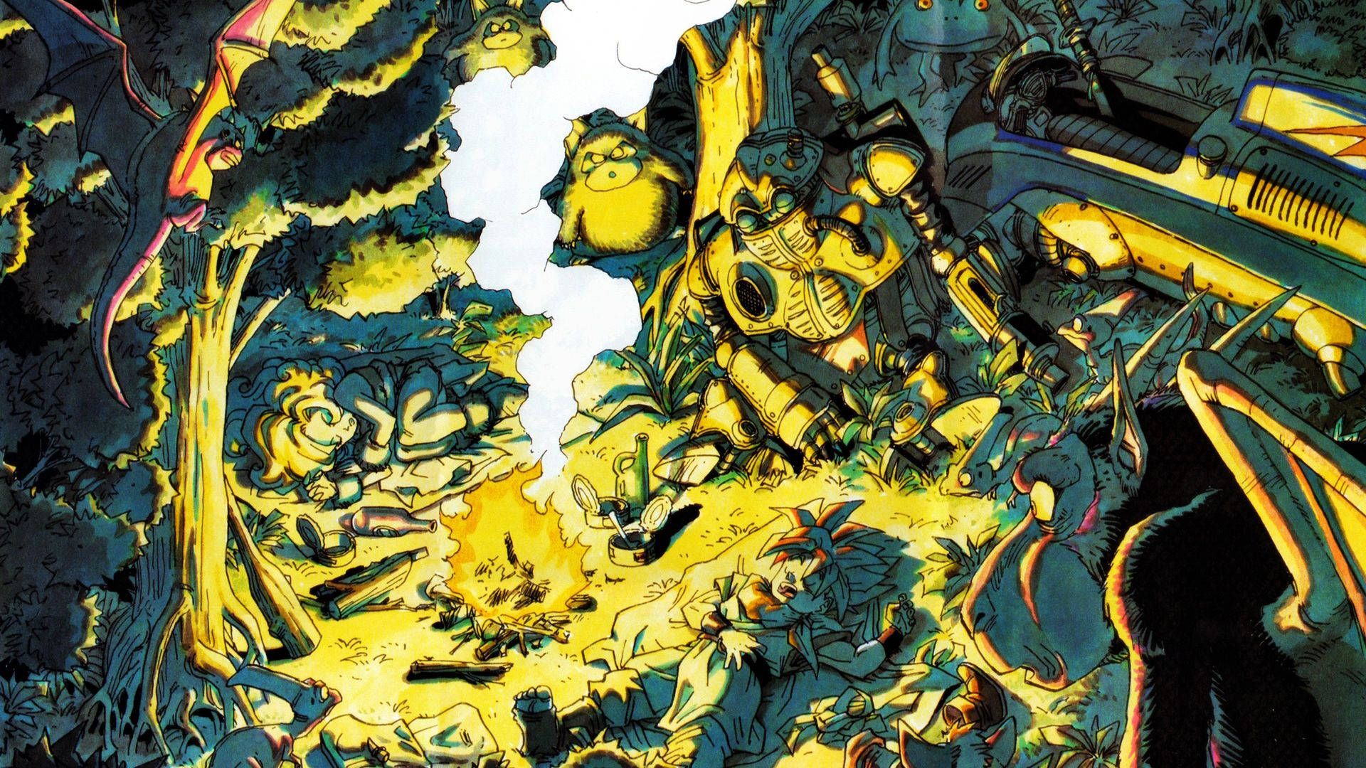 奇幻戰士和怪物在破碎的天空下的叢林戰場上衝突。