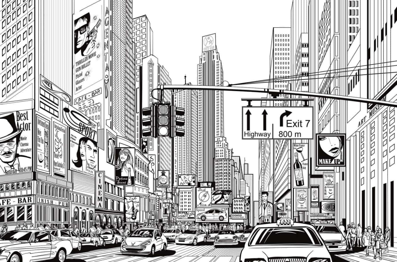 Black And White Comic 桌布 壁紙 — 時代廣場熱鬧的黑白線條藝術城市景觀，有高聳的建築物、廣告牌和交通。