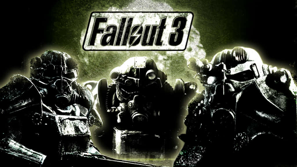 時光迷霧中的斷鐘 壁紙 — 三套標誌性的Fallout 3動力裝甲套裝，在黑暗、粗獷的場景中，站在發光的綠色標題標誌下。
