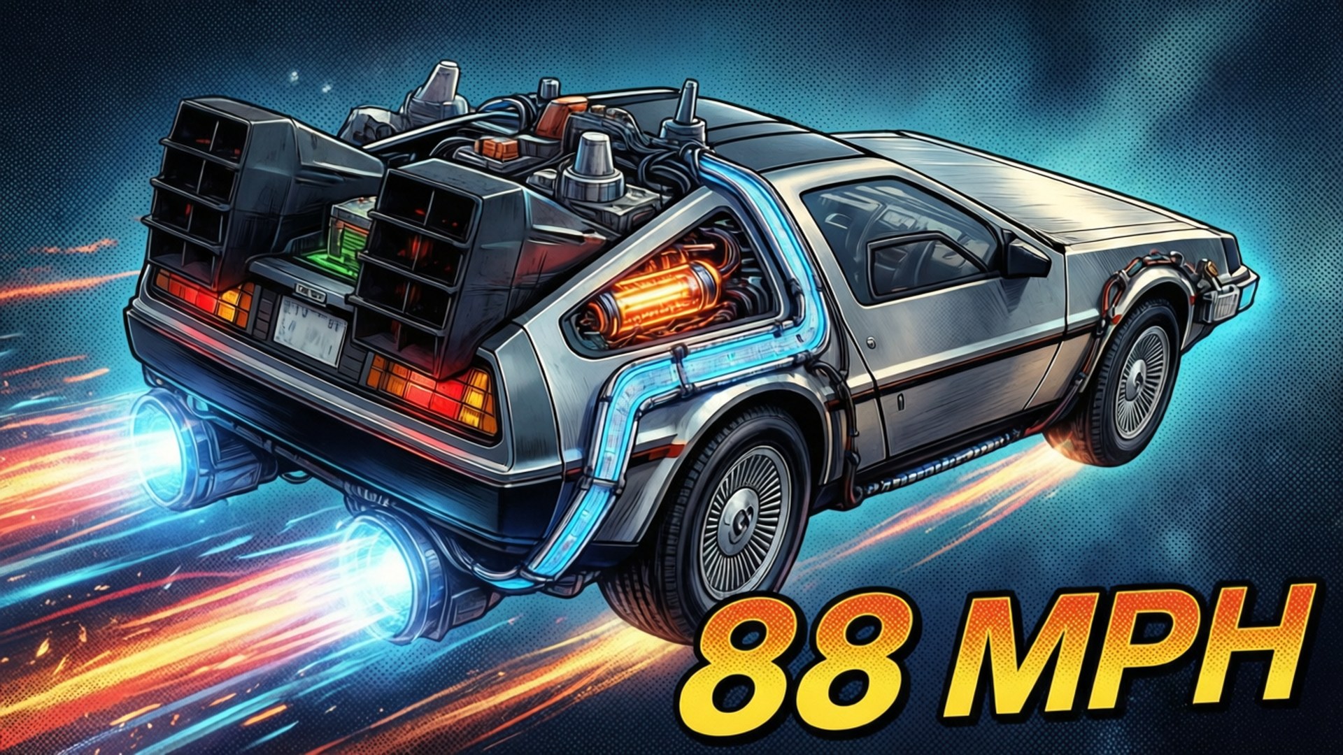 時光飛行 壁紙 — 一輛銀色DeLorean，帶有發光的藍色通量電容器和熾熱的排氣，以88英里/小時的速度衝過繁星點點的夜空。