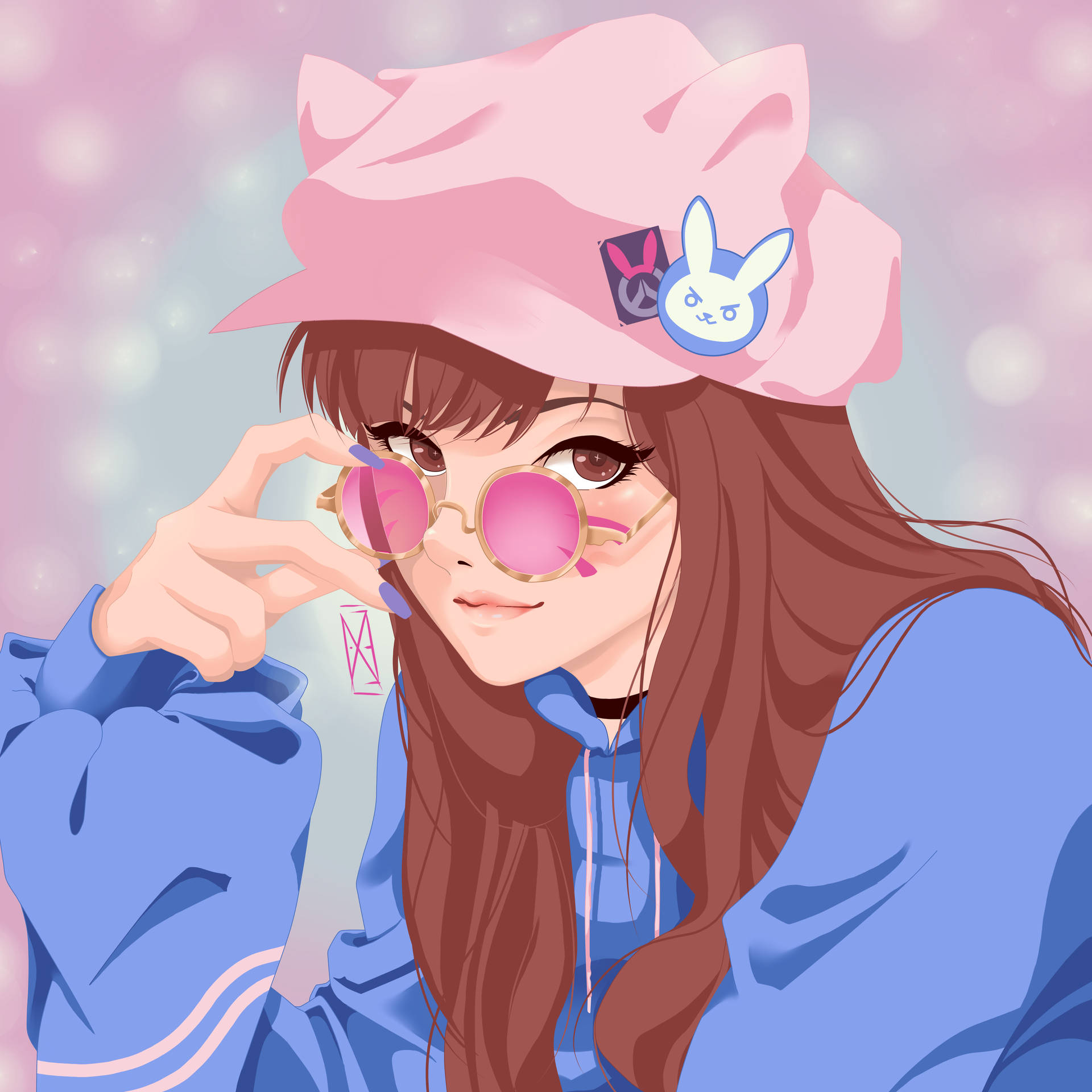 戴住粉紅色帽同太陽眼鏡嘅動漫女孩向觀眾微笑