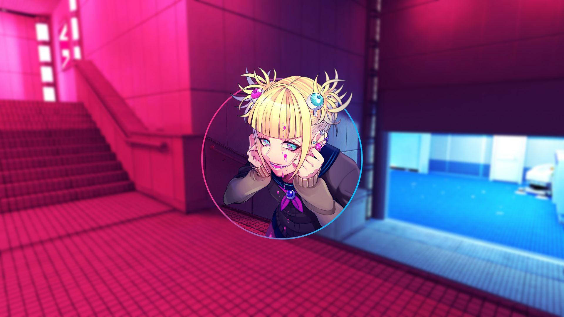 時尚 Himiko Toga 藝術作品 壁紙 — 一個開心的動漫女孩，金色雙馬尾辮和藍色眼睛，在充滿活力的粉紅色和藍色未來風格走廊中微笑著捂住耳朵。