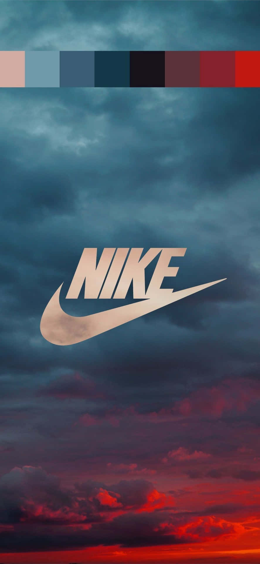 Nike 標誌居中於帶有紅色和藍色雲彩的暮色天空前。