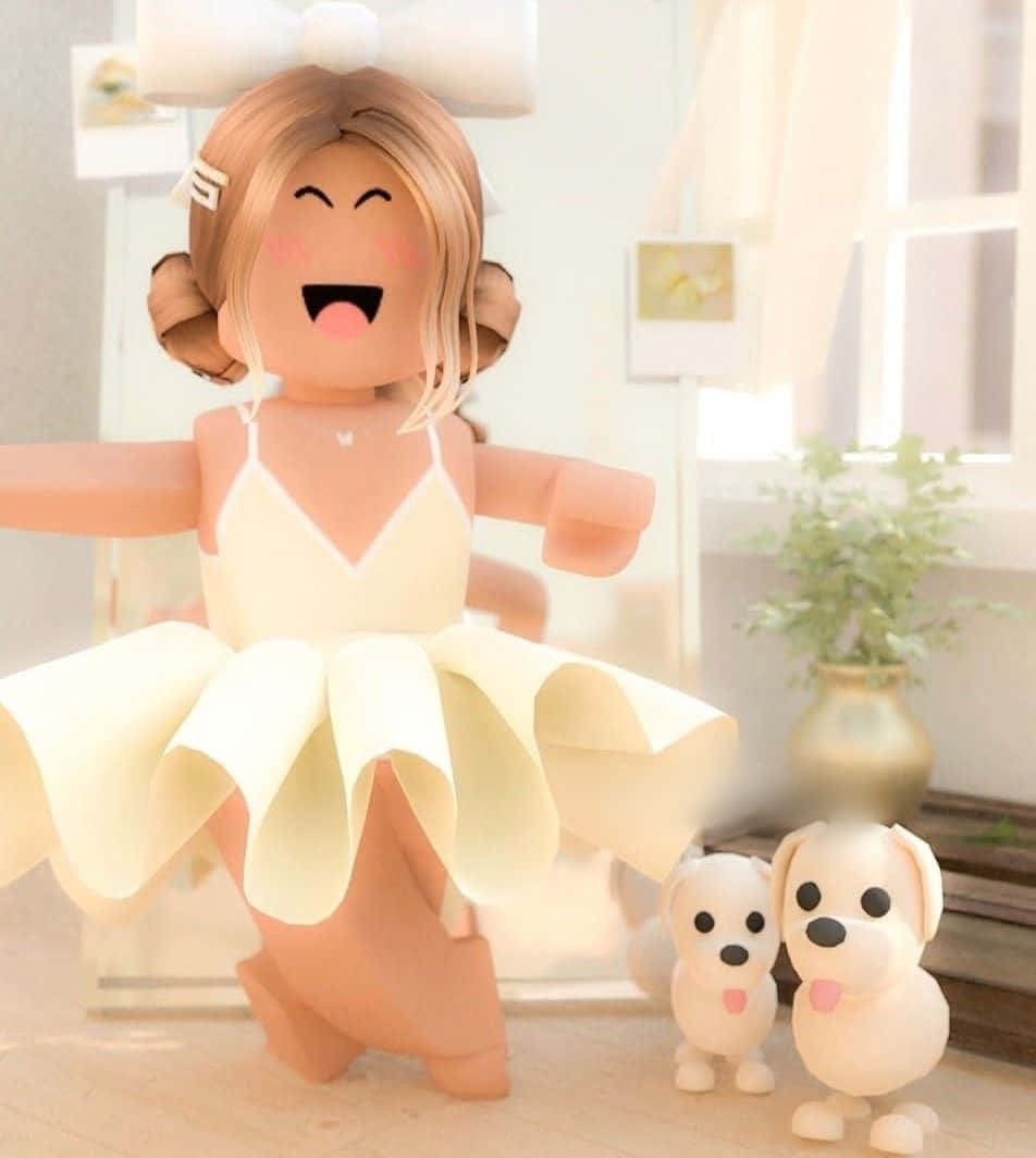 一個穿著芭蕾舞裙的Roblox女孩在窗邊與兩隻白色小狗跳舞。