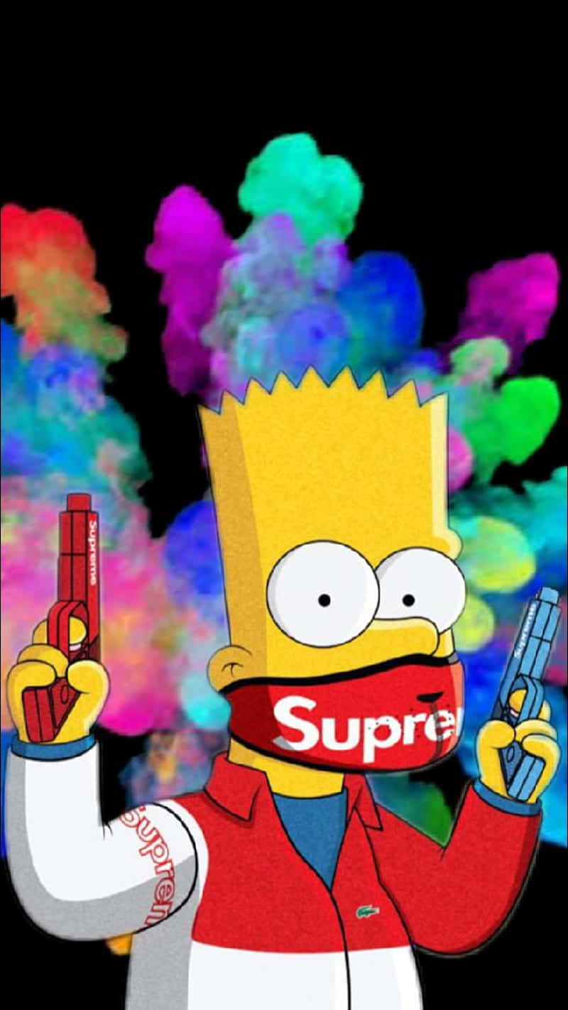 巴特·辛普森身穿Supreme裝備，手持兩把槍，身後有色彩繽紛的煙霧。
