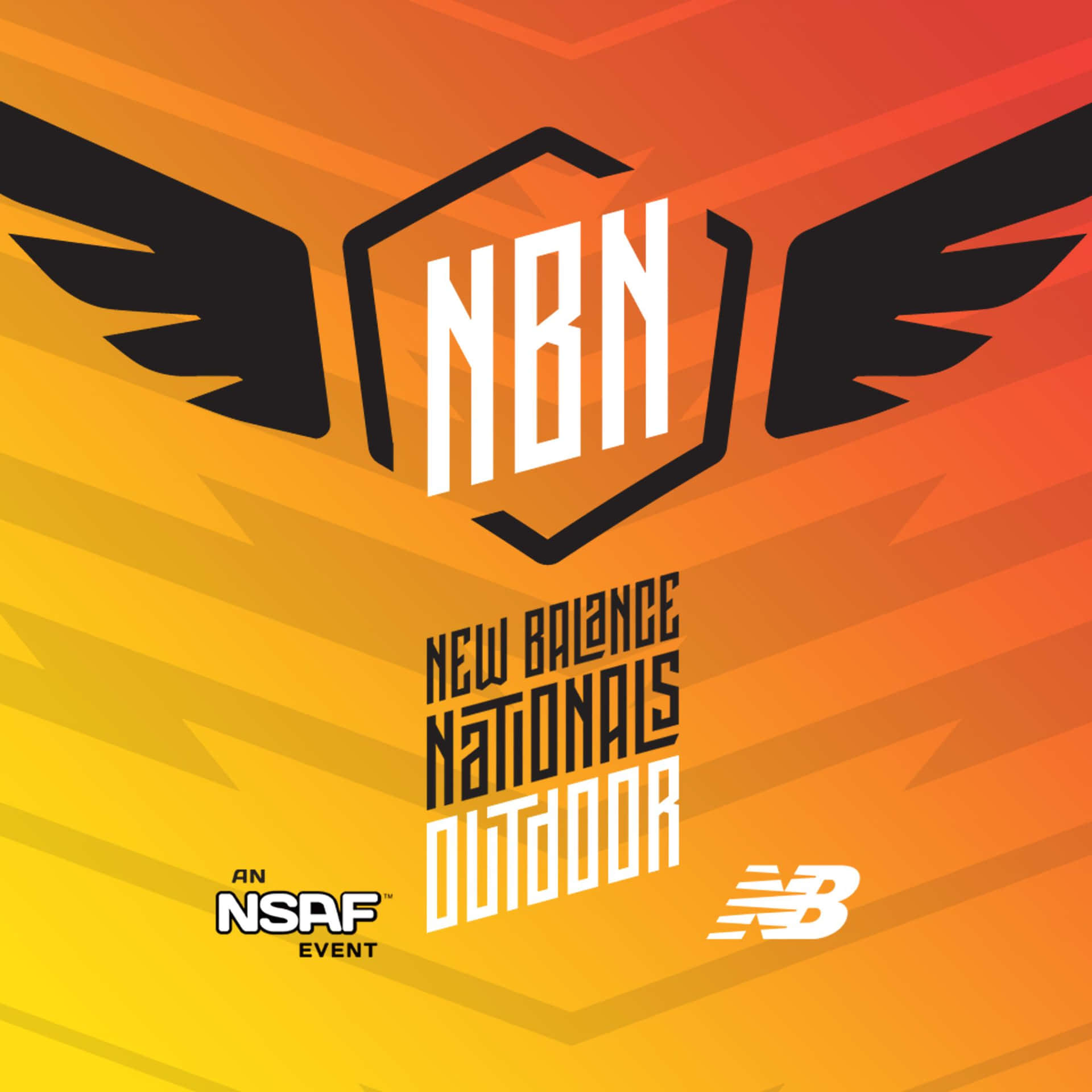 New Balance Nationals Outdoor活動標誌，帶有翅膀和漸變背景。