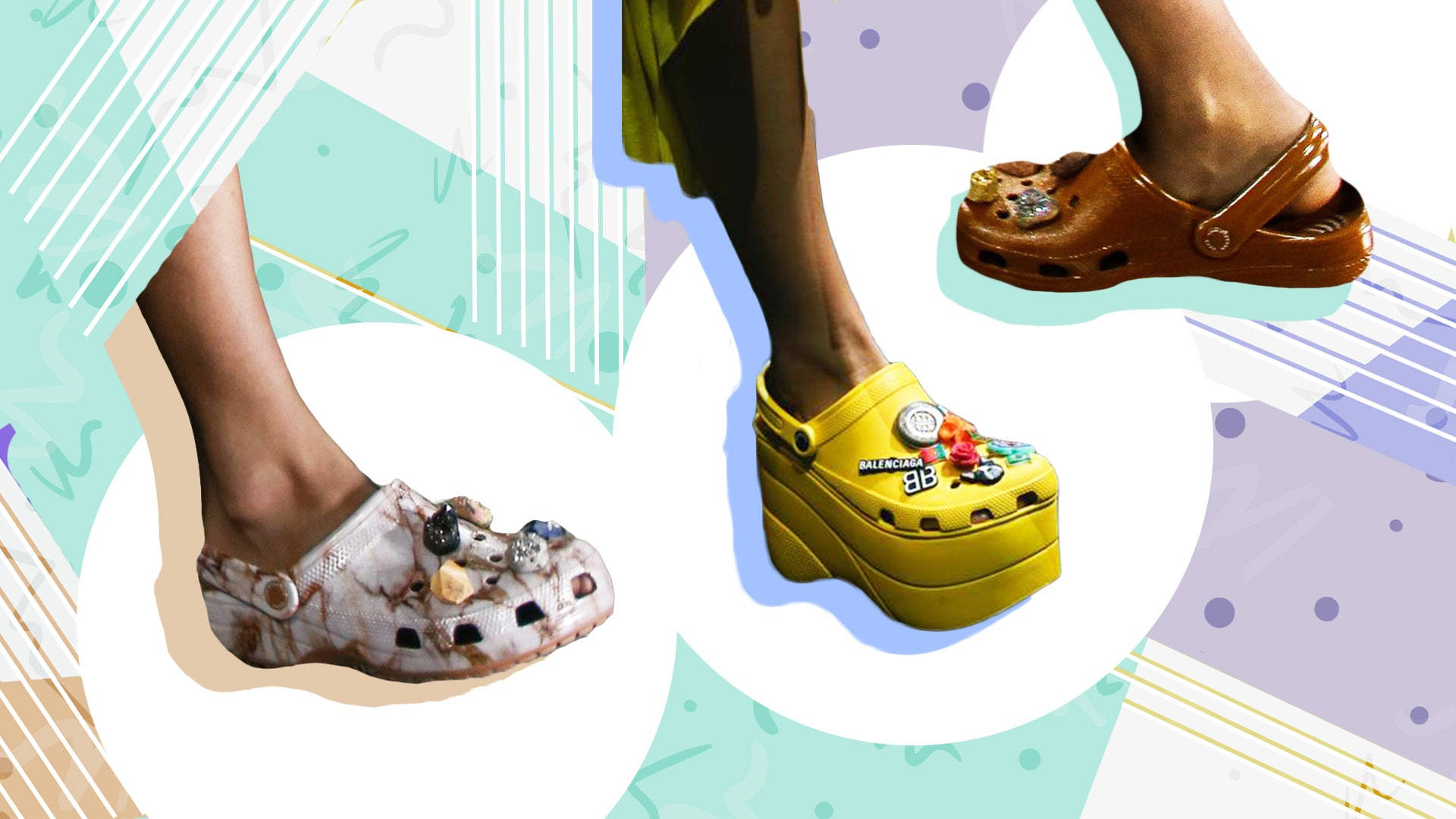 時尚Crocs鞋 壁紙 — 兩隻風格化的腳穿著色彩繽紛、裝飾過的Crocs，背景是充滿活力的抽象圖案，帶有柔和幾何形狀。